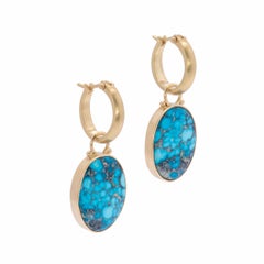 Natural Kingman Turquoise Oval Drop Earrings in 18 Karat Gold