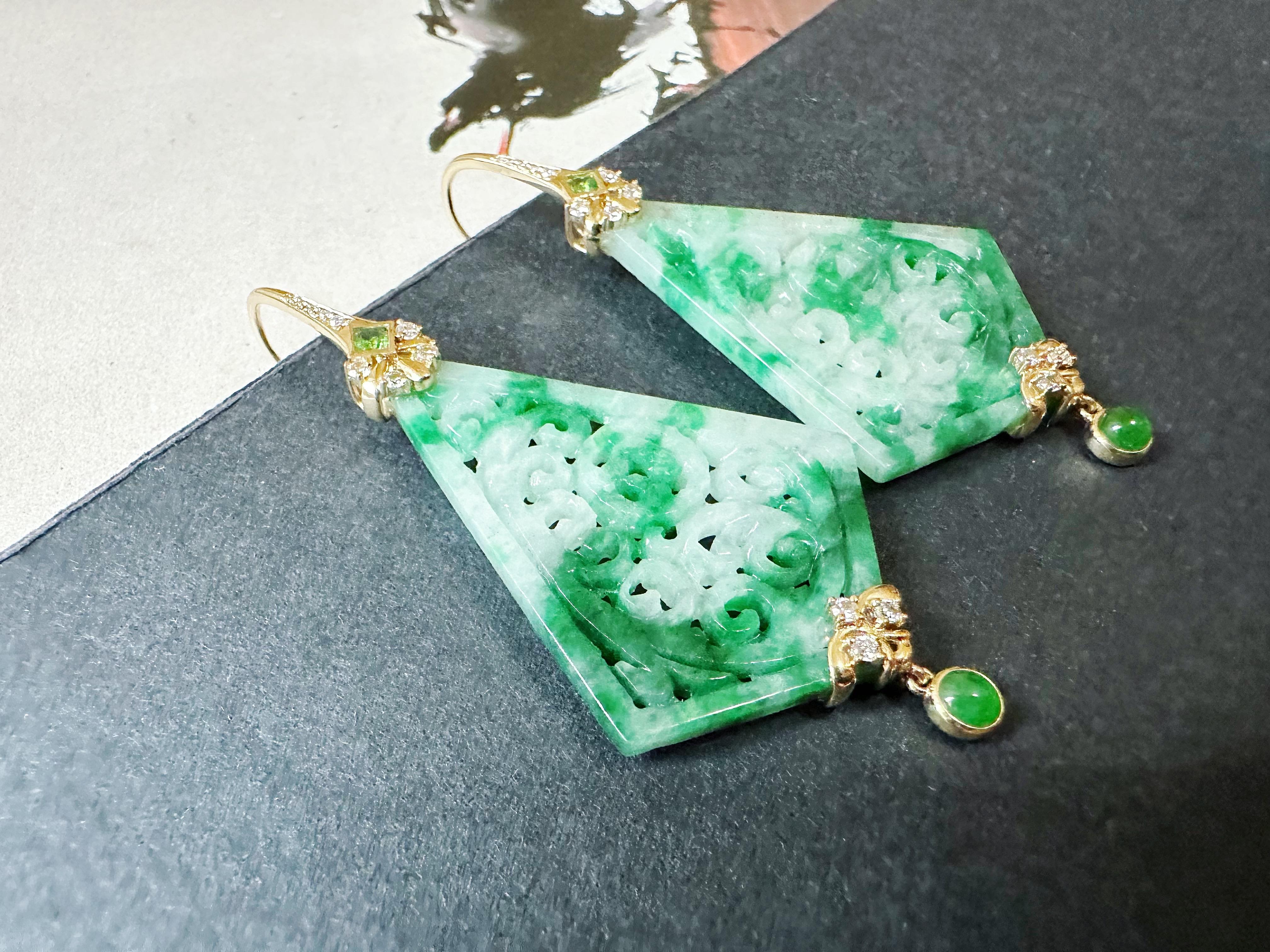 Natural Kite Shape Jade Carved Earrings in 18K Gold with Diamond and Tsavorite For Sale 5