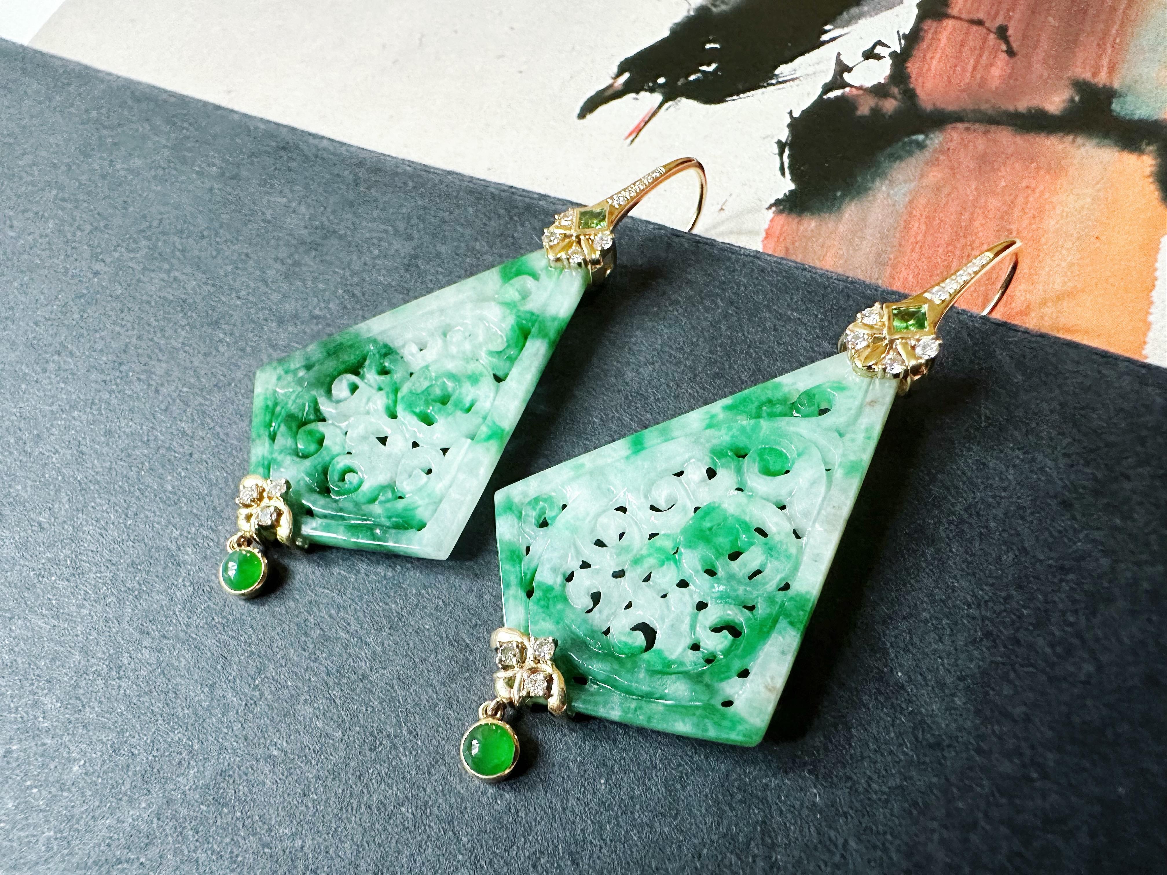 Natural Kite Shape Jade Carved Earrings in 18K Gold with Diamond and Tsavorite For Sale 6