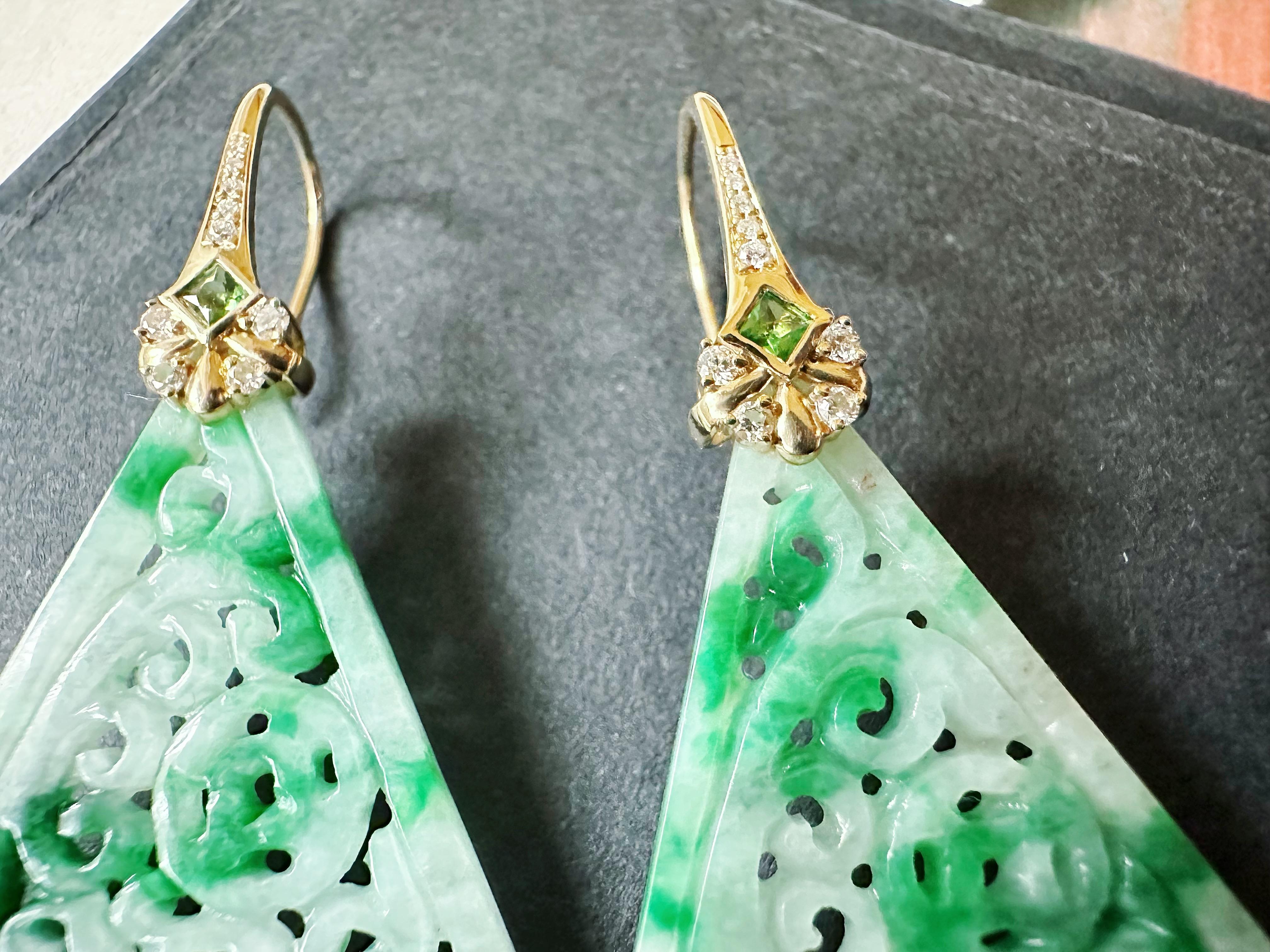 Natural Kite Shape Jade Carved Earrings in 18K Gold with Diamond and Tsavorite For Sale 8