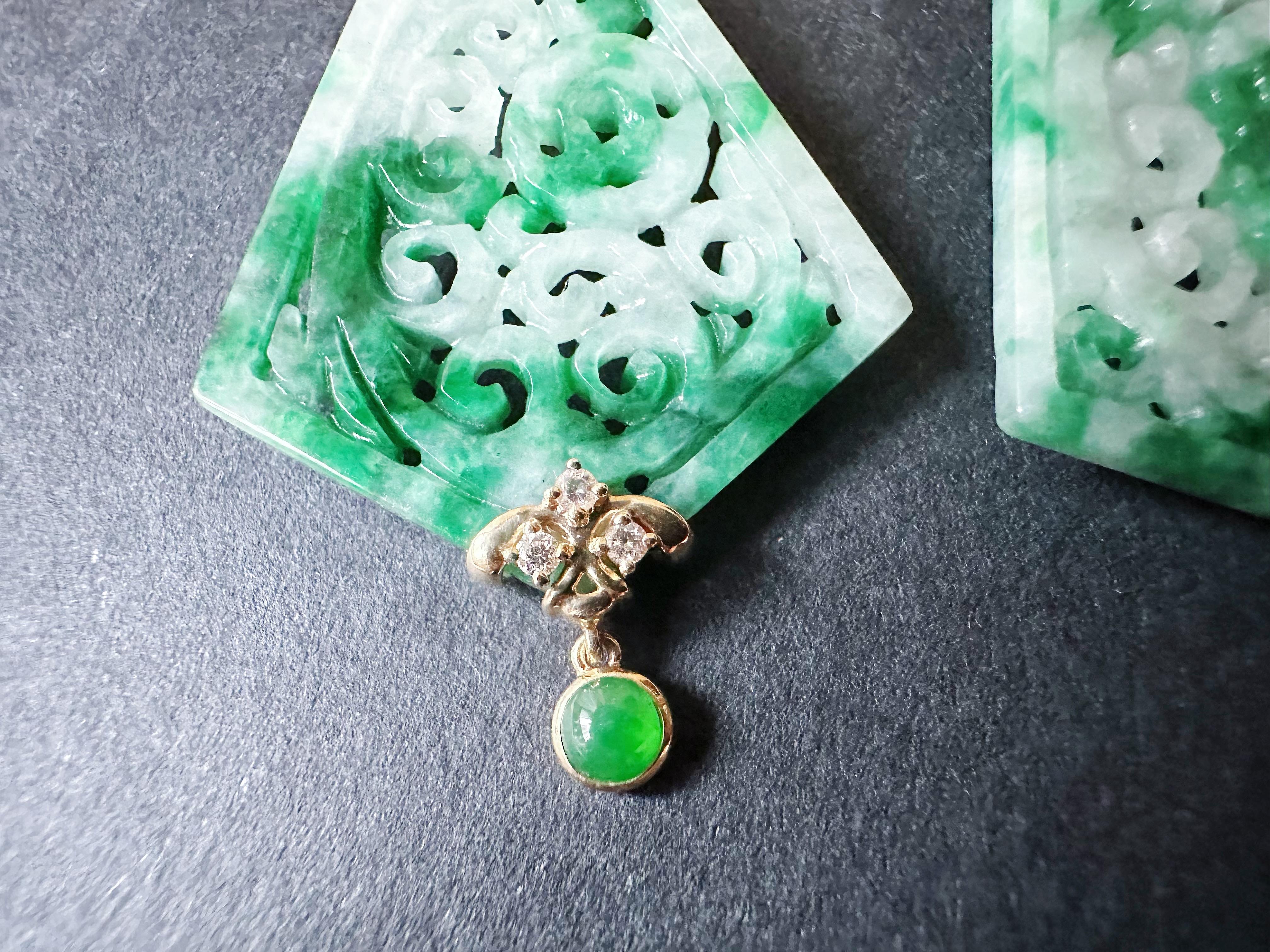 Natural Kite Shape Jade Carved Earrings in 18K Gold with Diamond and Tsavorite For Sale 9