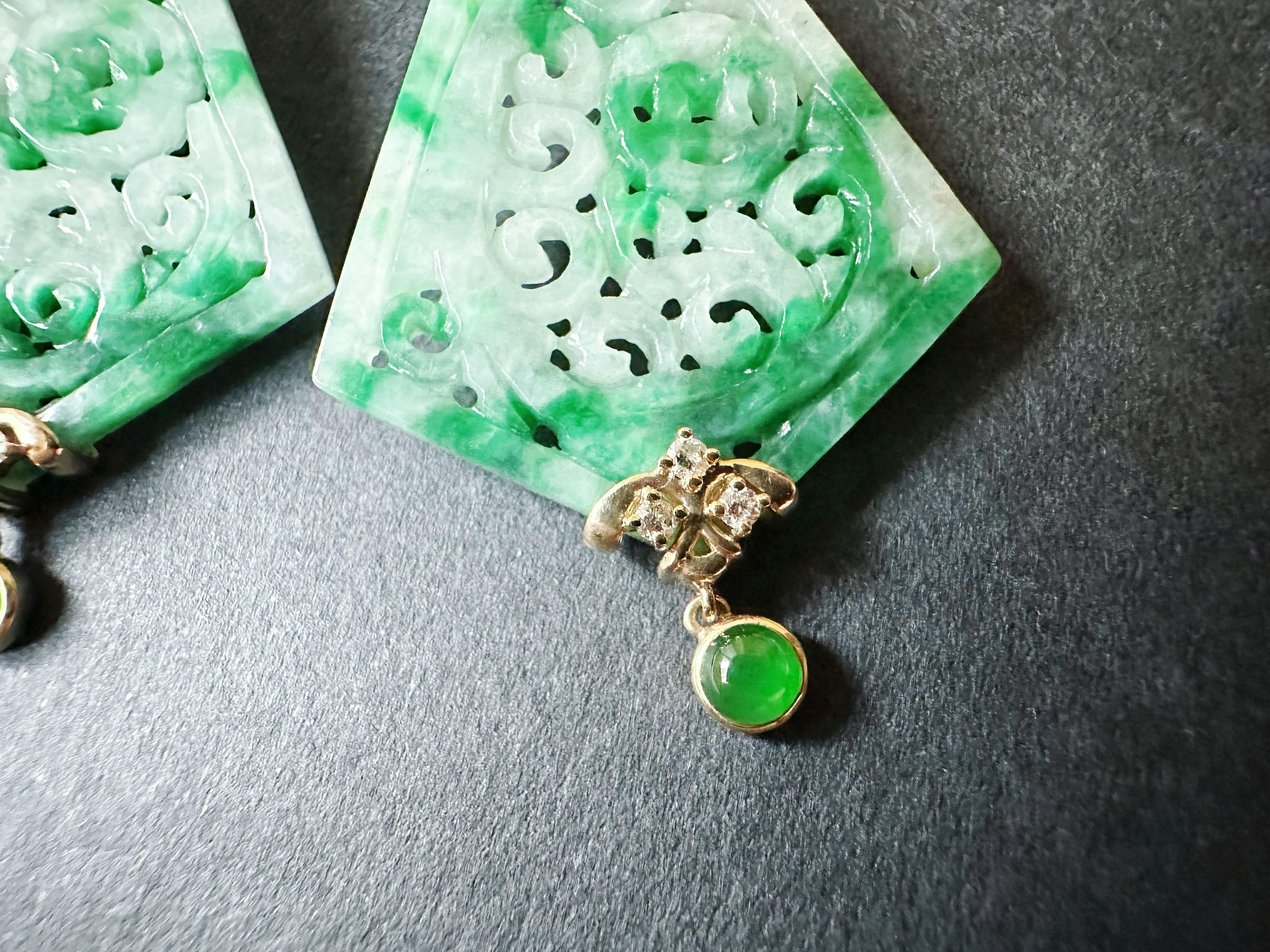 Natural Kite Shape Jade Carved Earrings in 18K Gold with Diamond and Tsavorite For Sale 10