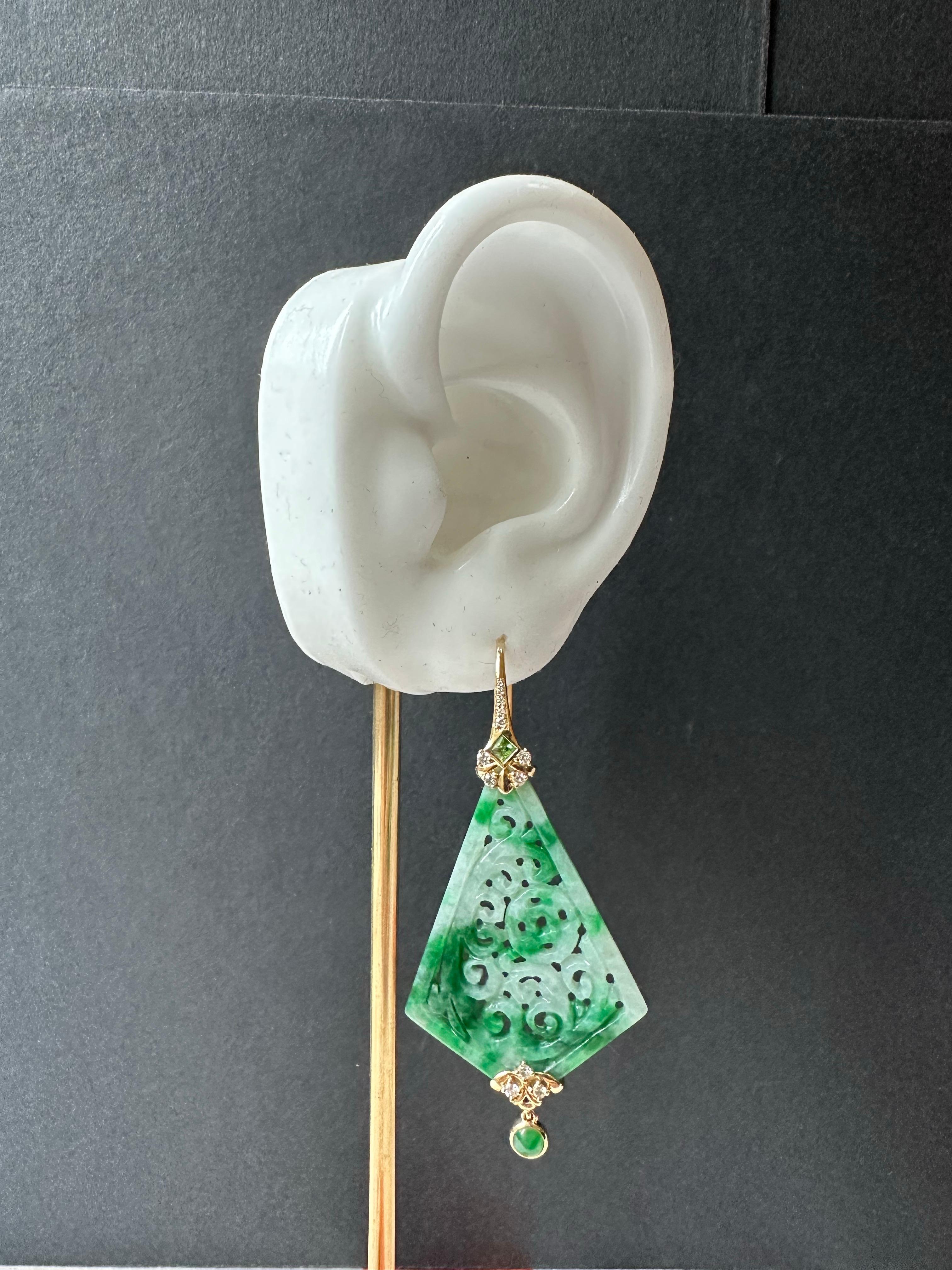 Natural Kite Shape Jade Carved Earrings in 18K Gold with Diamond and Tsavorite For Sale 12