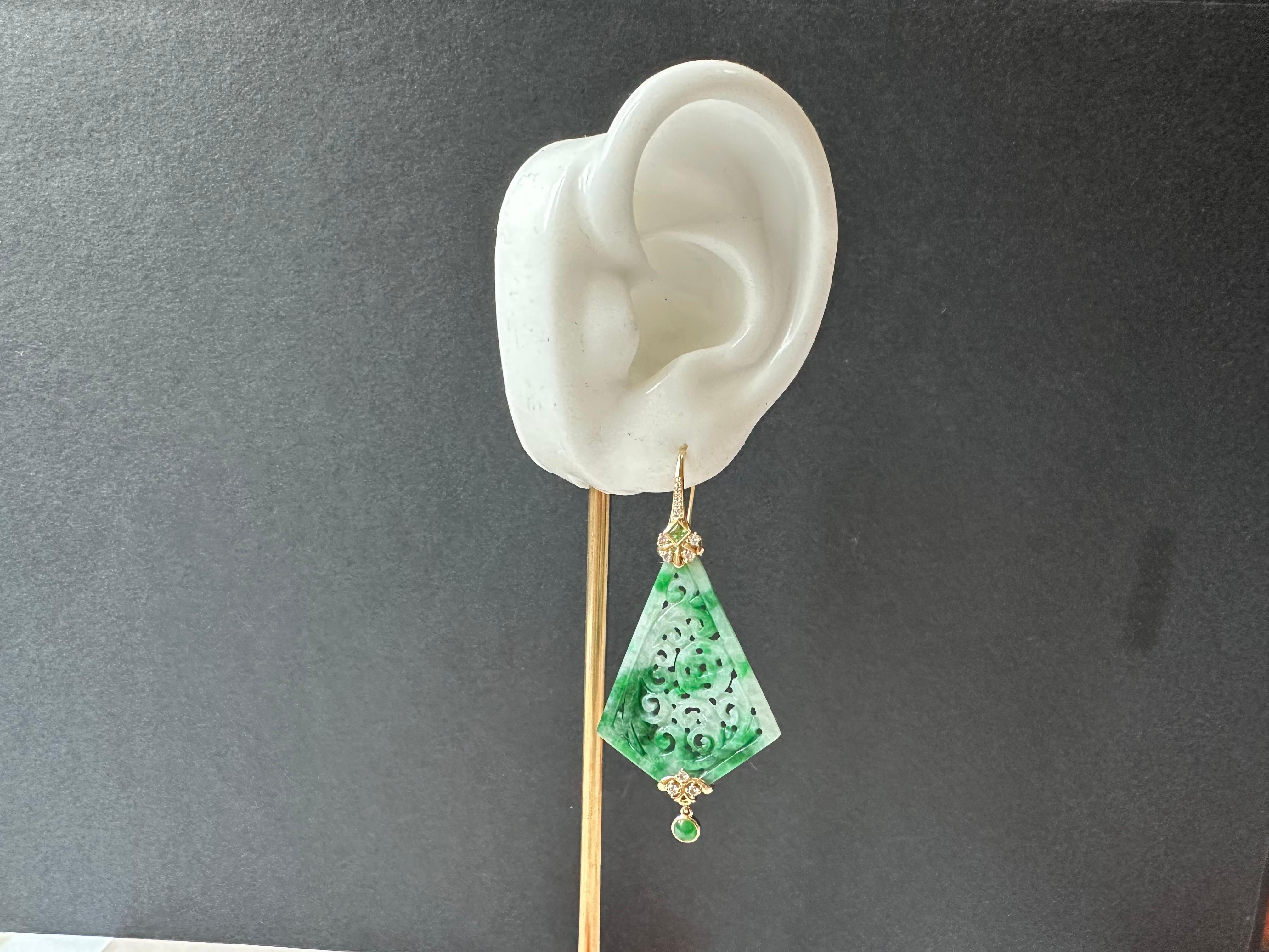 Natural Kite Shape Jade Carved Earrings in 18K Gold with Diamond and Tsavorite For Sale 13