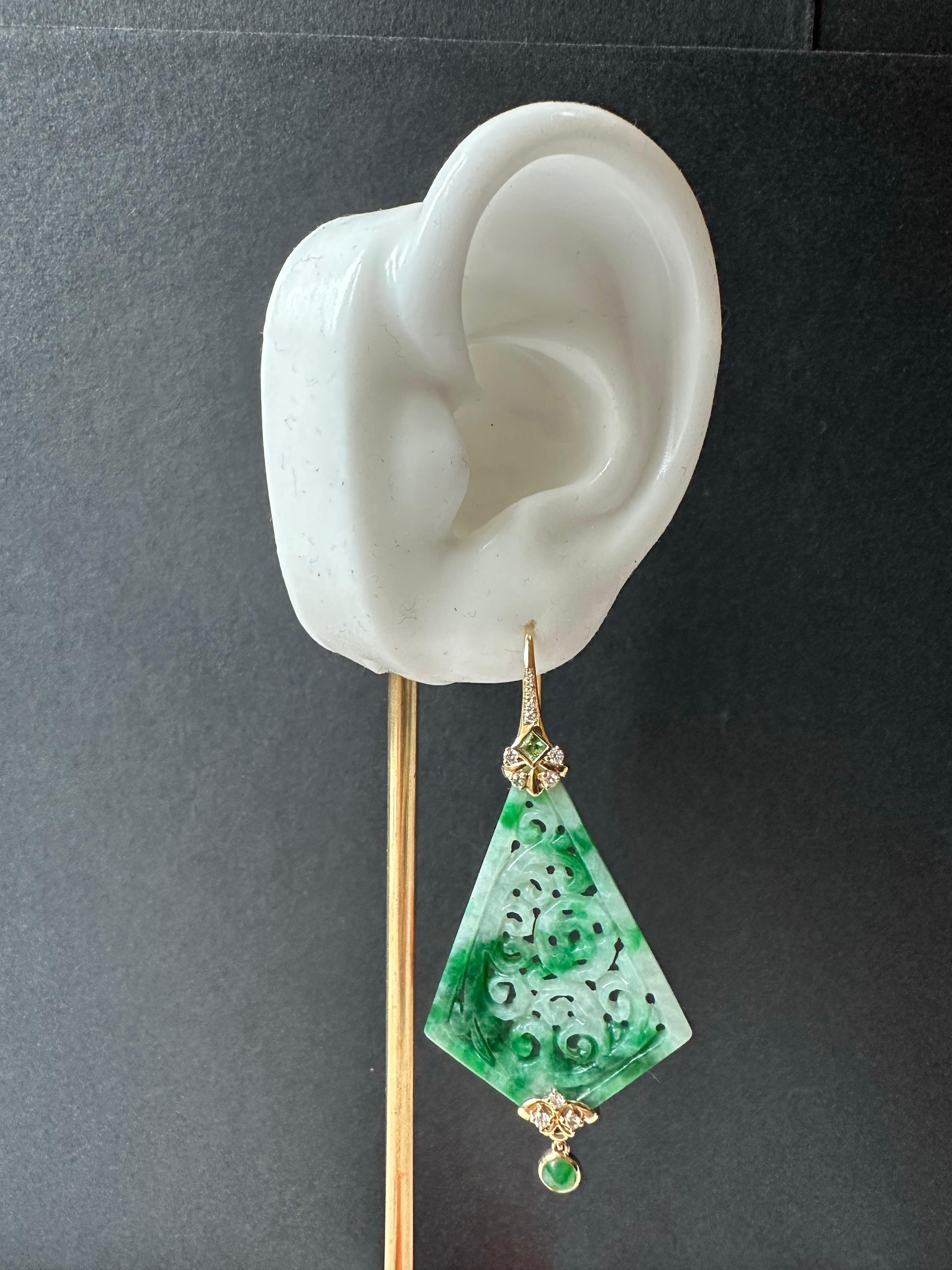Natural Kite Shape Jade Carved Earrings in 18K Gold with Diamond and Tsavorite For Sale 14