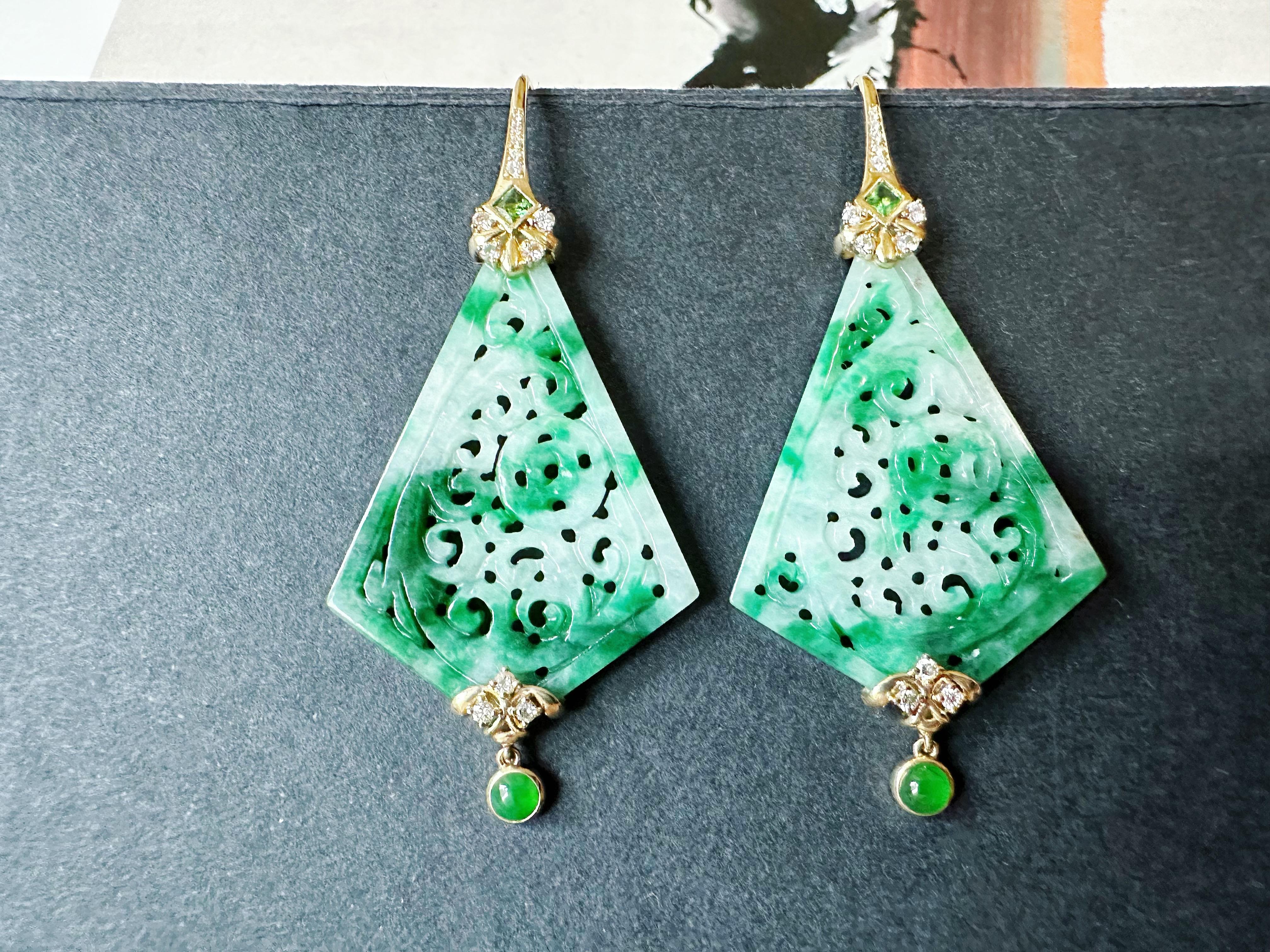 Art Nouveau Natural Kite Shape Jade Carved Earrings in 18K Gold with Diamond and Tsavorite For Sale