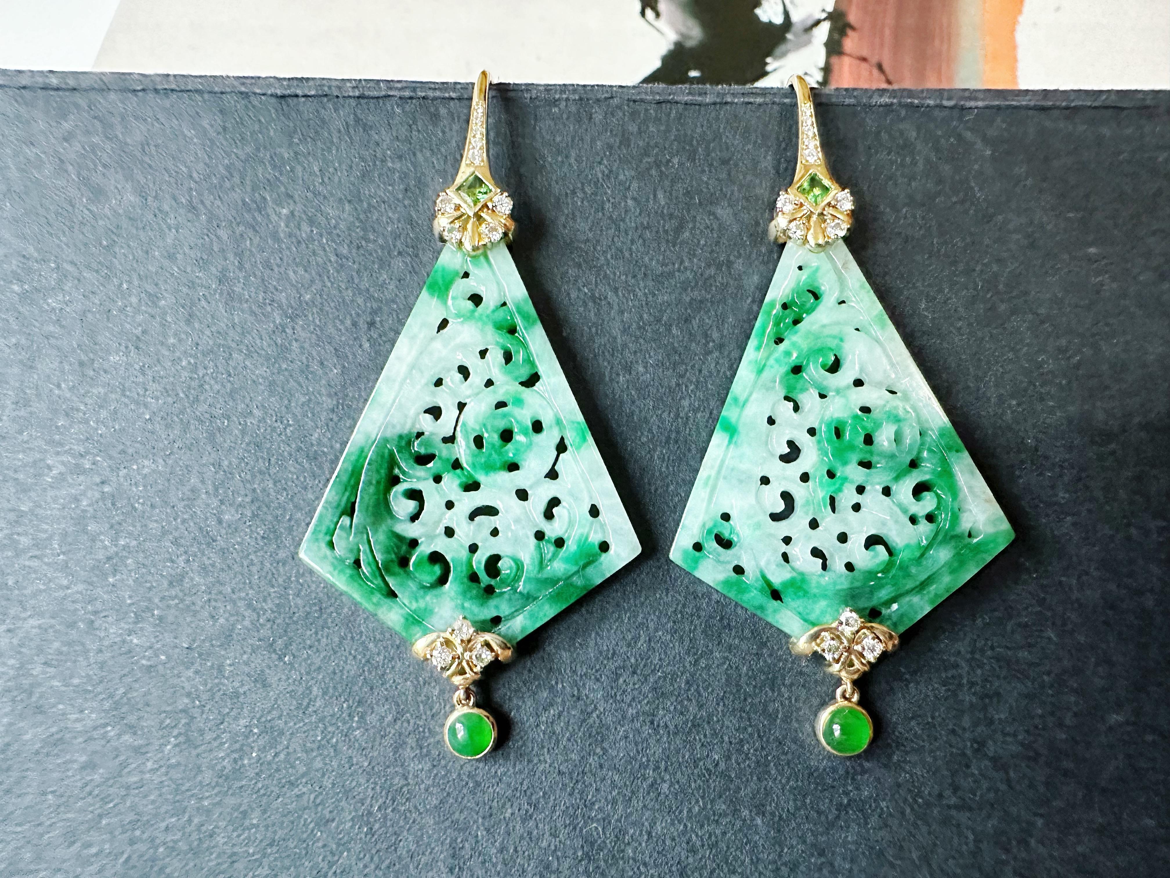 Kite Cut Natural Kite Shape Jade Carved Earrings in 18K Gold with Diamond and Tsavorite For Sale