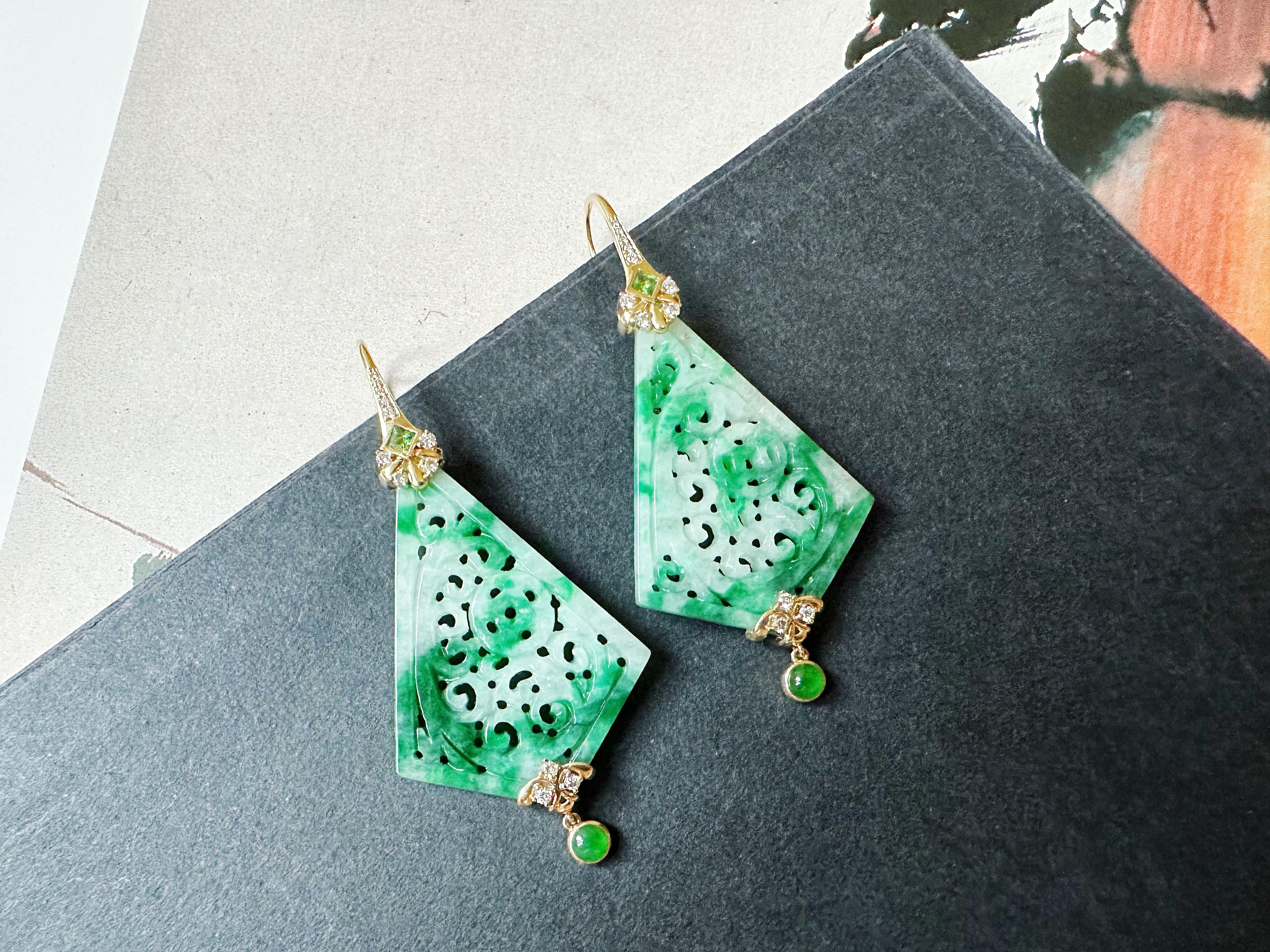 Natural Kite Shape Jade Carved Earrings in 18K Gold with Diamond and Tsavorite For Sale 3