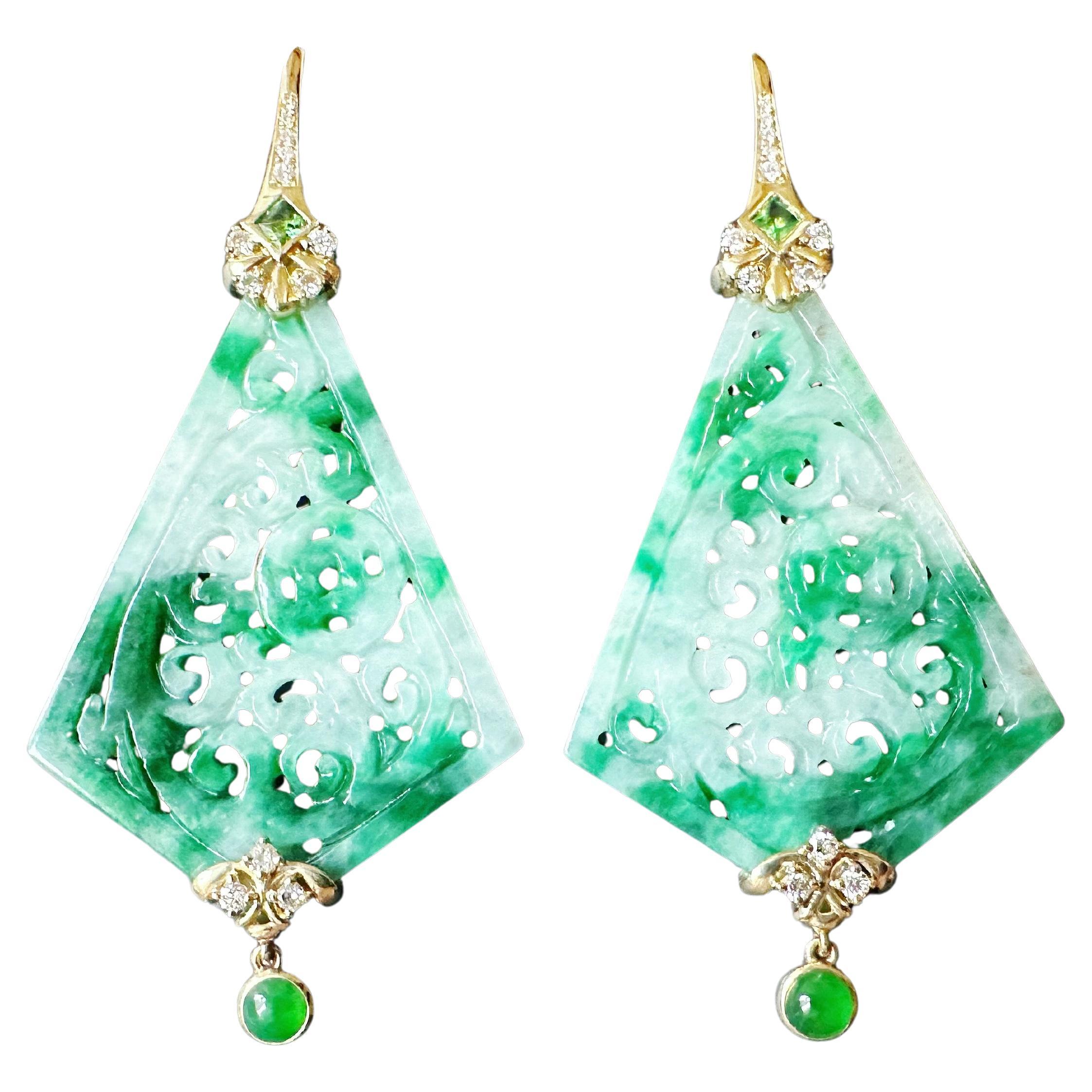 Natural Kite Shape Jade Carved Earrings in 18K Gold with Diamond and Tsavorite For Sale