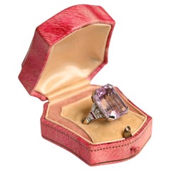 Natural Kunzite And Diamond Ring, (Approx 20.80-Carats) Emerald Cut, Platinum