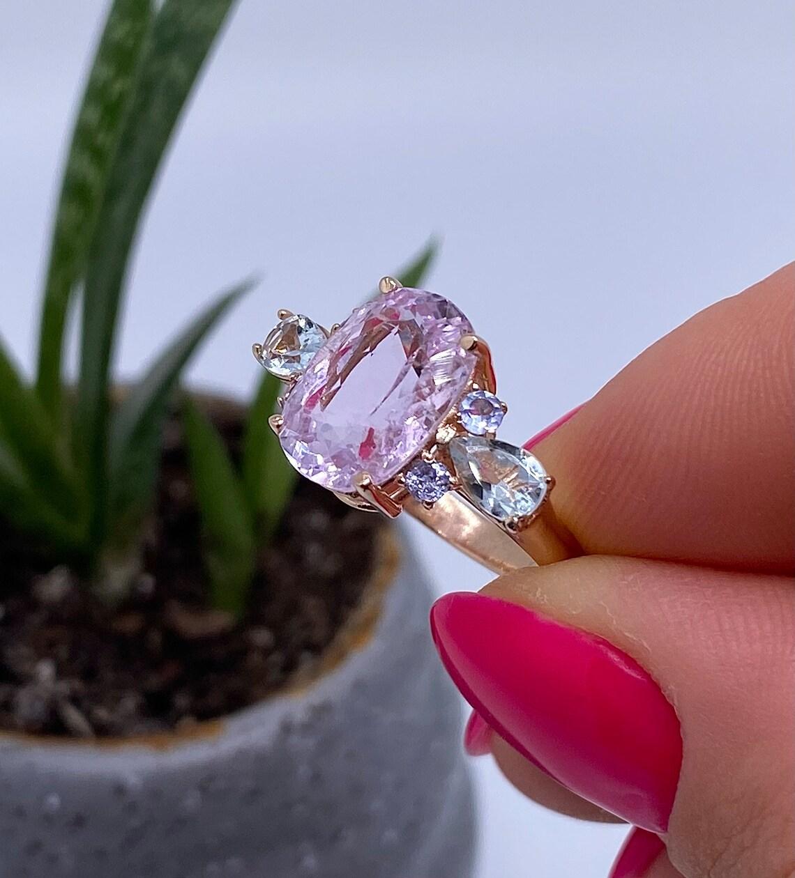 Anillo de gemas naturales de kunzita, aguamarina y tanzanita, oro rosa de 14 quilates, 7US Corte oval
