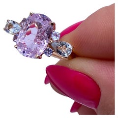 Anillo de gemas naturales de kunzita, aguamarina y tanzanita, oro rosa de 14 quilates, 7US
