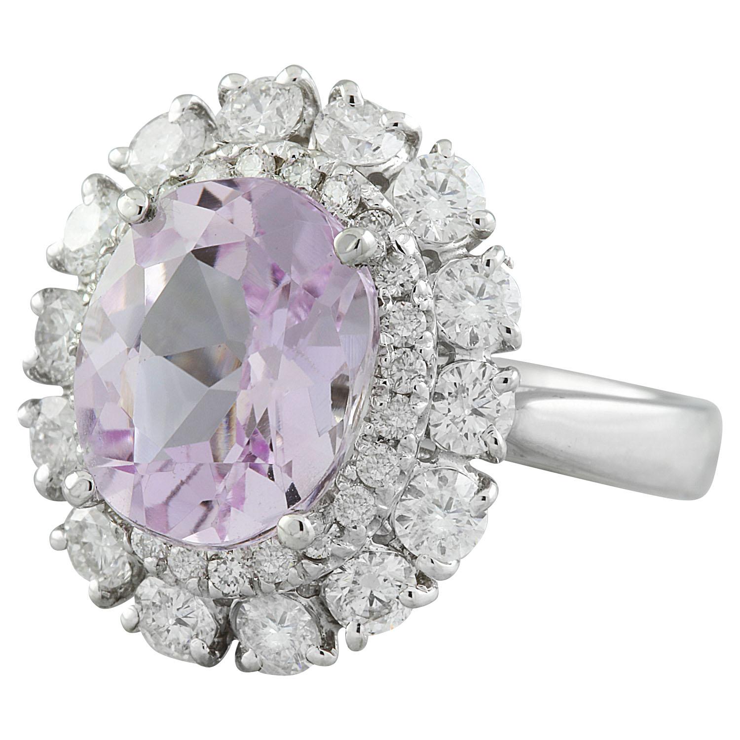 6.20 Carat Natural Kunzite 14 Karat Solid White Gold Diamond Ring
Stamped: 14K 
Total Ring Weight: 5.5 Grams 
Kunzite Weight 4.60 Carat (11.00x9.00 Millimeters)
Diamond Weight: 1.60 carat (F-G Color, VS2-SI1 Clarity)
Face Measures: 16.90x15.40