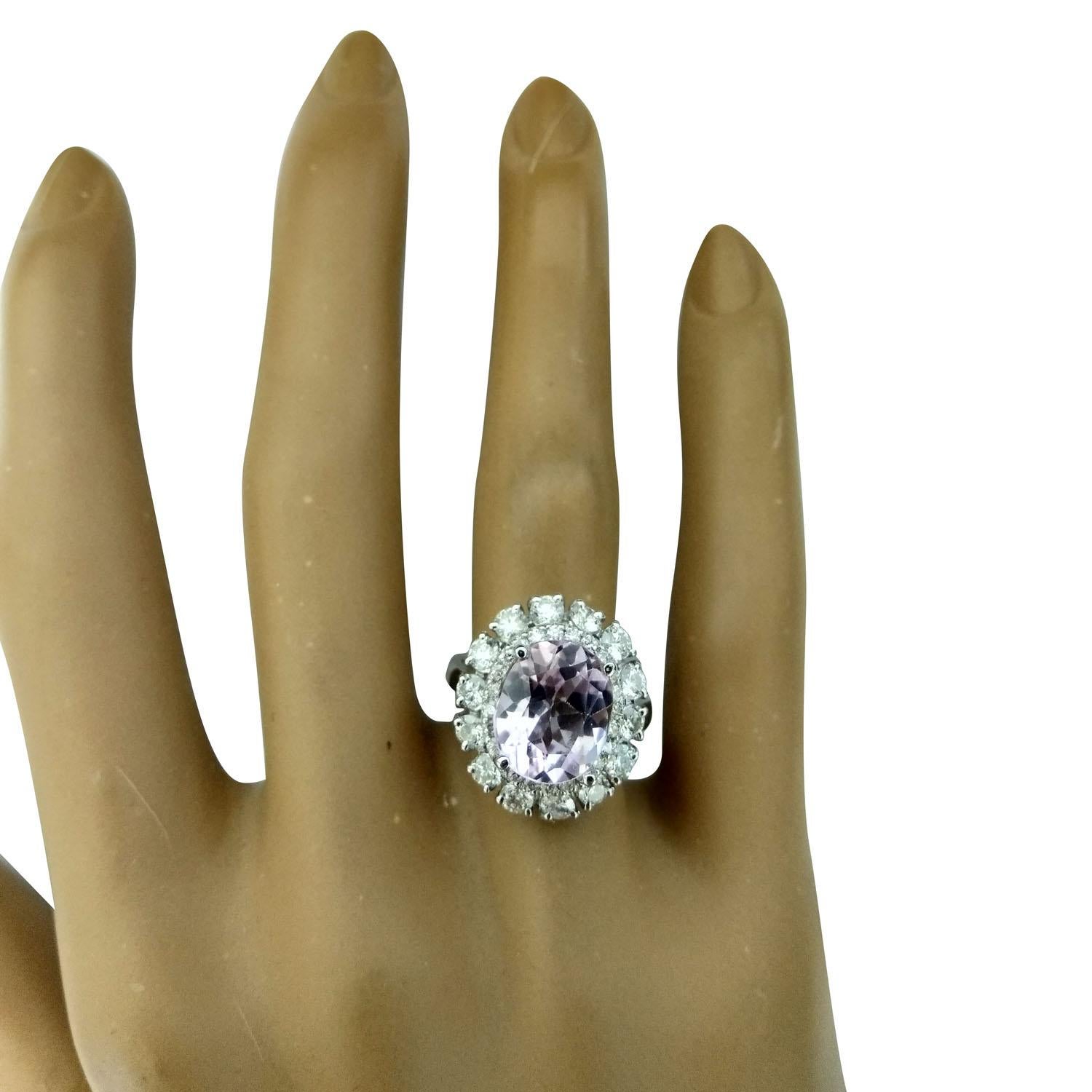 Women's Natural Kunzite Diamond Ring In 14 Karat White Gold  For Sale