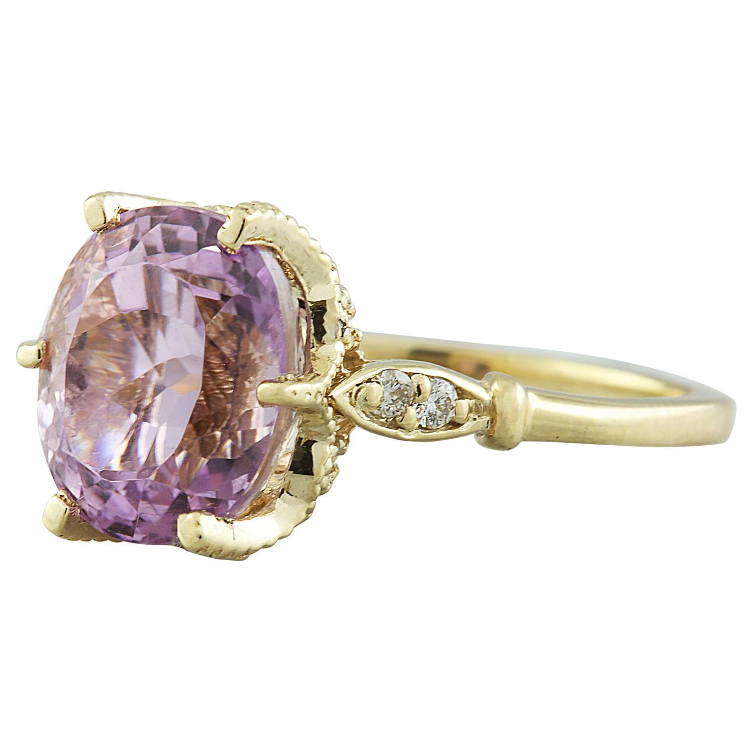 5.41 Carat Natural Kunzite 14 Karat Solid Yellow Gold Diamond Ring
Stamped: 14K 
Total Ring Weight: 4.3 Grams 
Kunzite Weight: 5.26 Carat (11.00x9.00 Millimeters)  
Diamond Weight: 0.15 carat (F-G Color, VS2-SI1 Clarity )
Quantity: 4
Face Measures:
