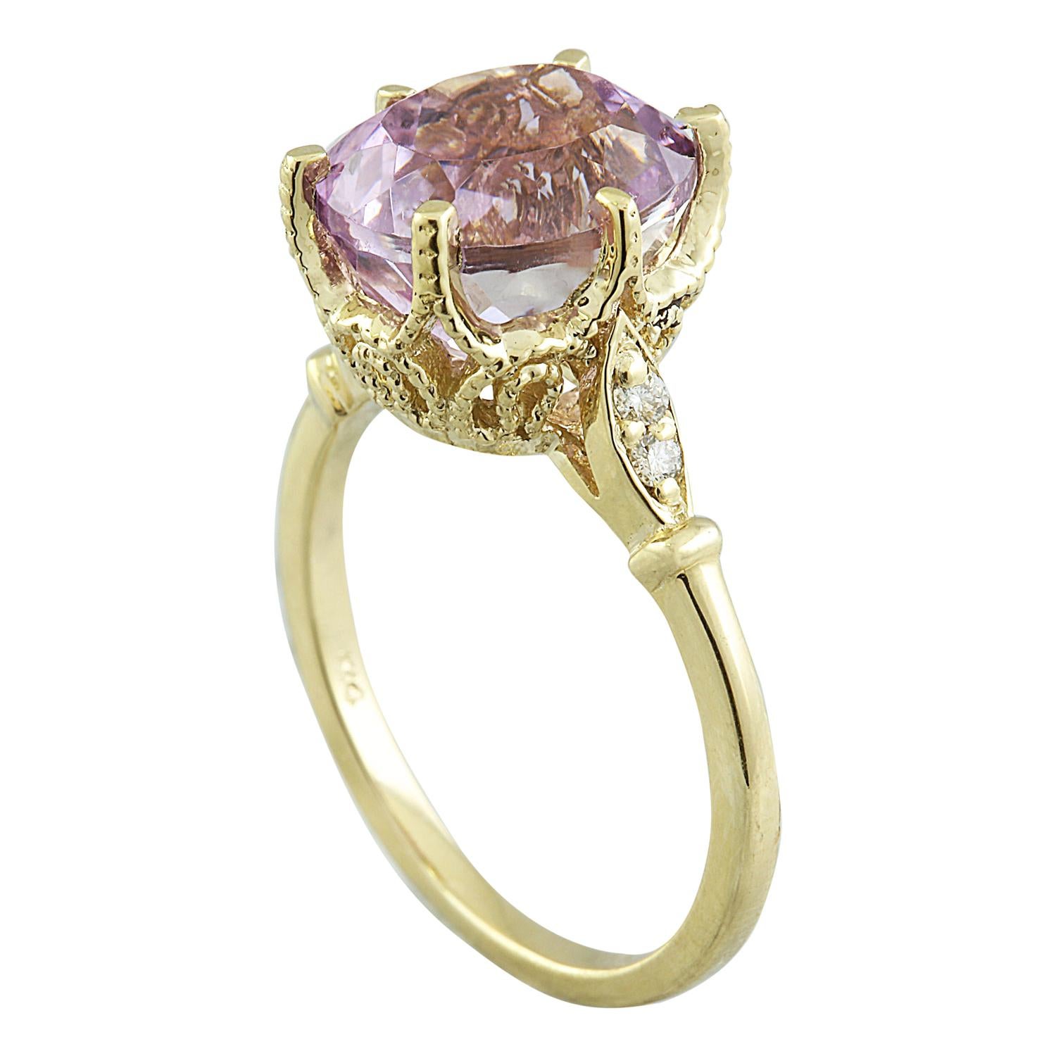Oval Cut Natural Kunzite Diamond Ring In 14 Karat Yellow Gold For Sale