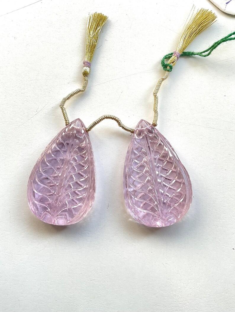 Art Deco Natural Kunzite Earrings Pair 2 Pieces Carved Drops Gemstone for Jewelry Making For Sale