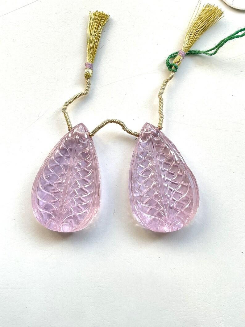 Pear Cut Natural Kunzite Earrings Pair 2 Pieces Carved Drops Gemstone for Jewelry Making For Sale