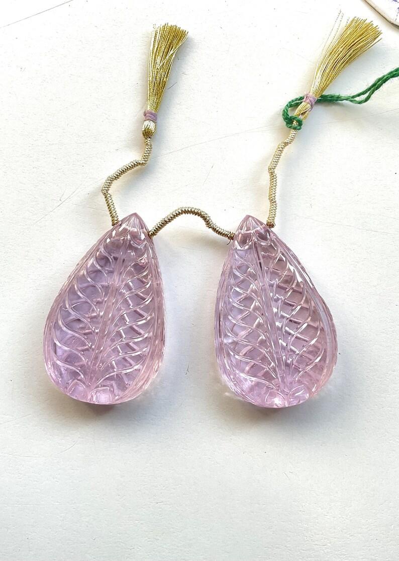 Natural Kunzite Earrings Pair 2 Pieces Carved Drops Gemstone for Jewelry Making For Sale 1