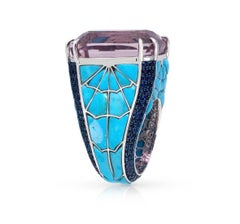 Natural Kunzite & Turquoise & Blue Sapphire Ring in 18k Gold