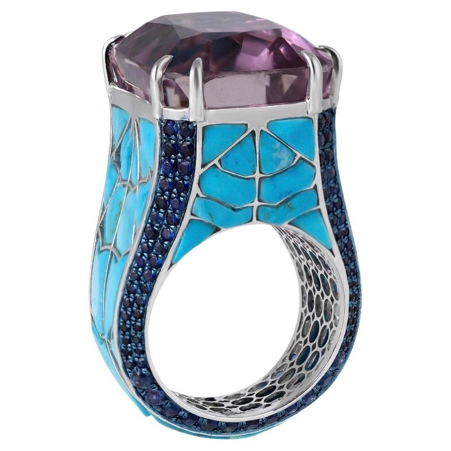 Natural Kunzite & Turquoise & Blue Sapphire Ring in 18k Gold For Sale