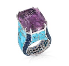 Natural Kunzite & Turquoise & Blue Sapphire Ring in 18k Gold