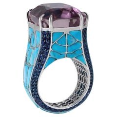 Natural Kunzite & Turquoise & Blue Sapphire Ring in 18k Gold