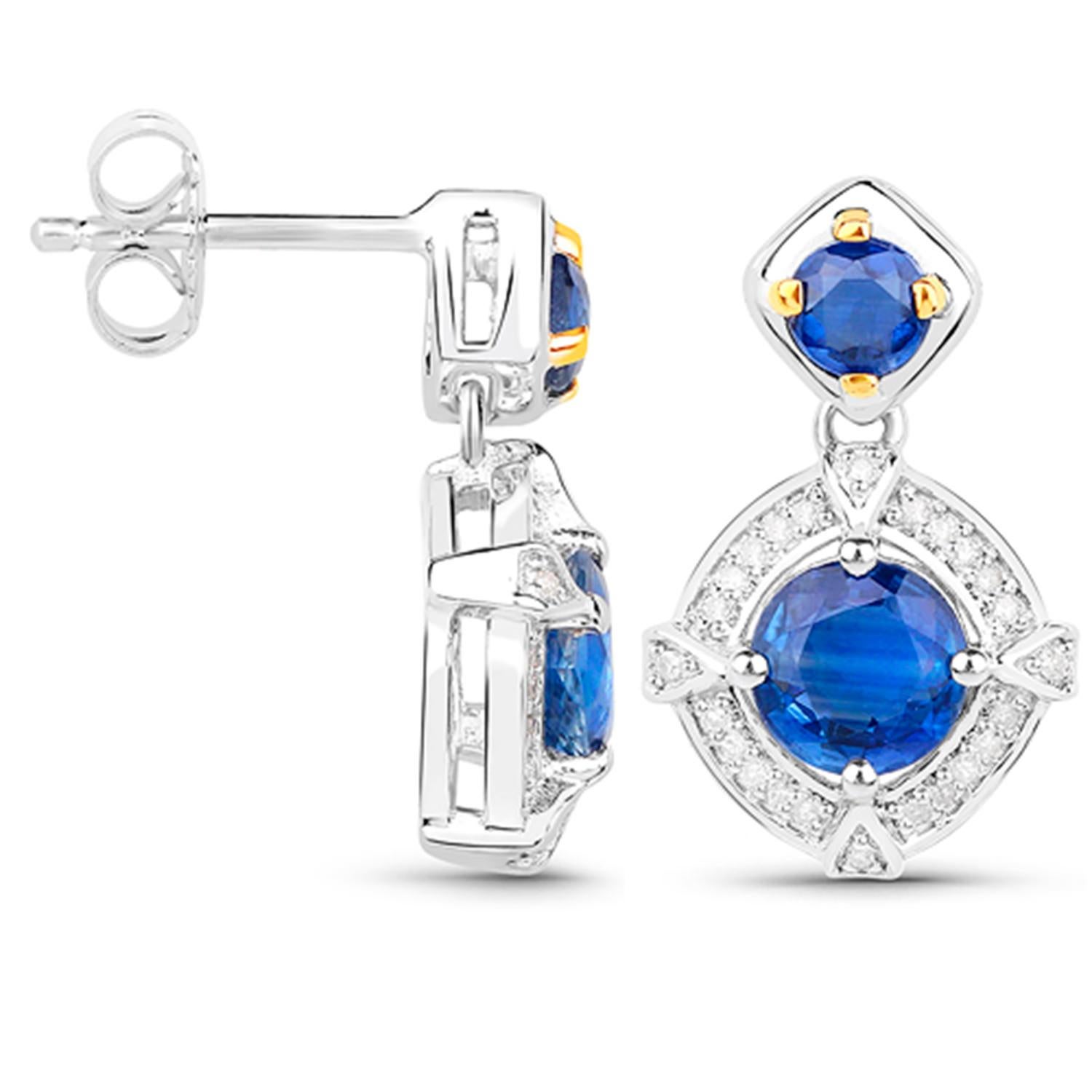 Round Cut Natural Kyanite Dangle Earrings Diamonds 3 Carats Sterling Silver For Sale