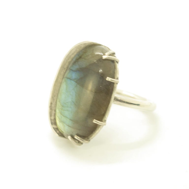 Oval Cut Natural Labradorite 925 Sterling Silver Bezel Oval Cocktail Intini Jewels Ring For Sale