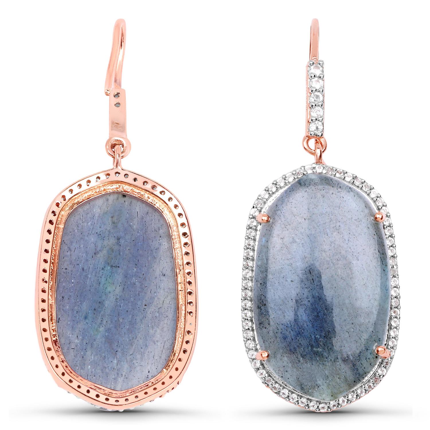 Baroque Natural Labradorite Dangle Earrings 28 Carats 14k Rose Gold Plated Silver For Sale