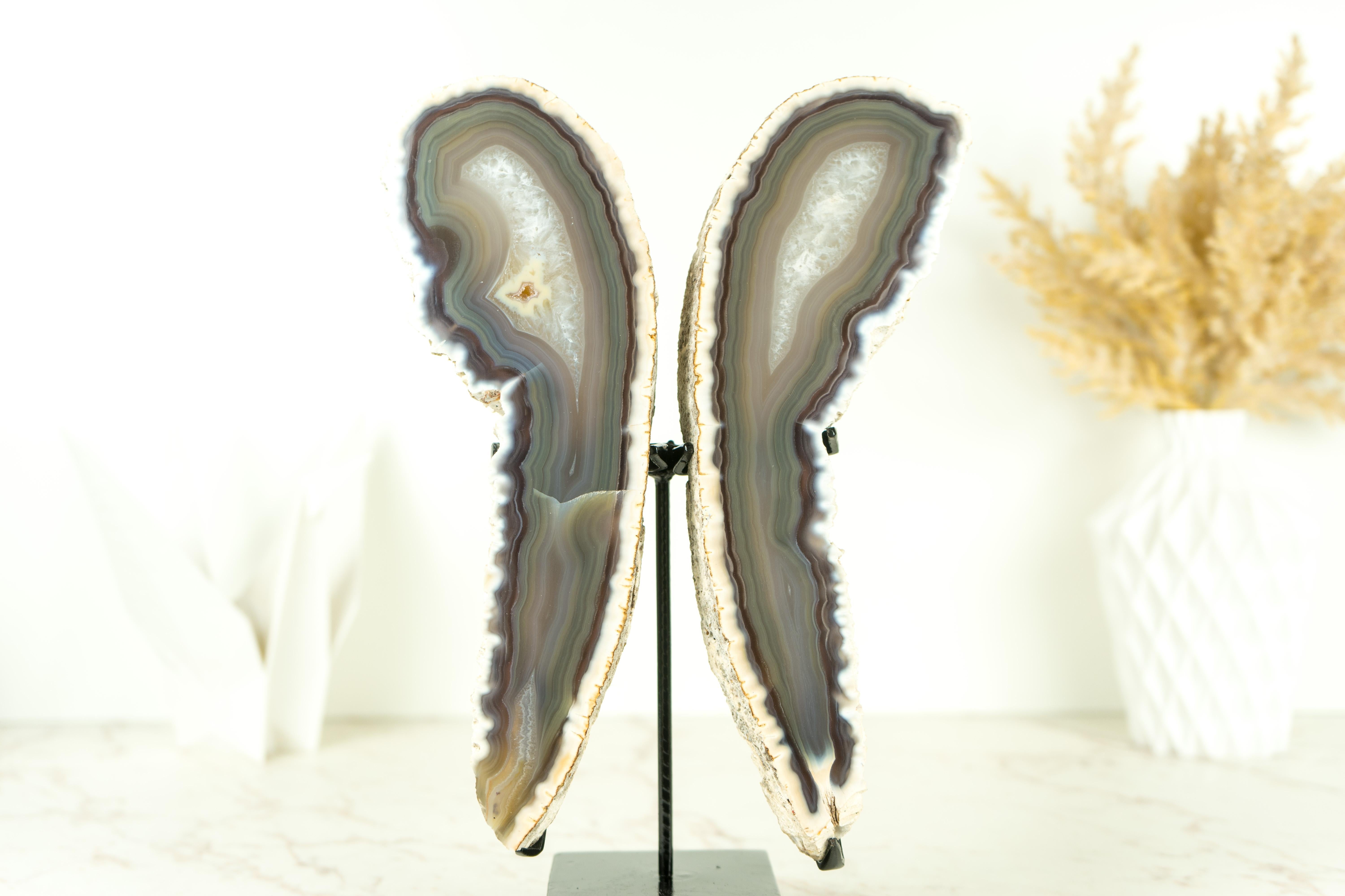 Brazilian Natural Lace Agate Butterfly on Custom-Made Stand, Handmade Crystal Accent Decor For Sale