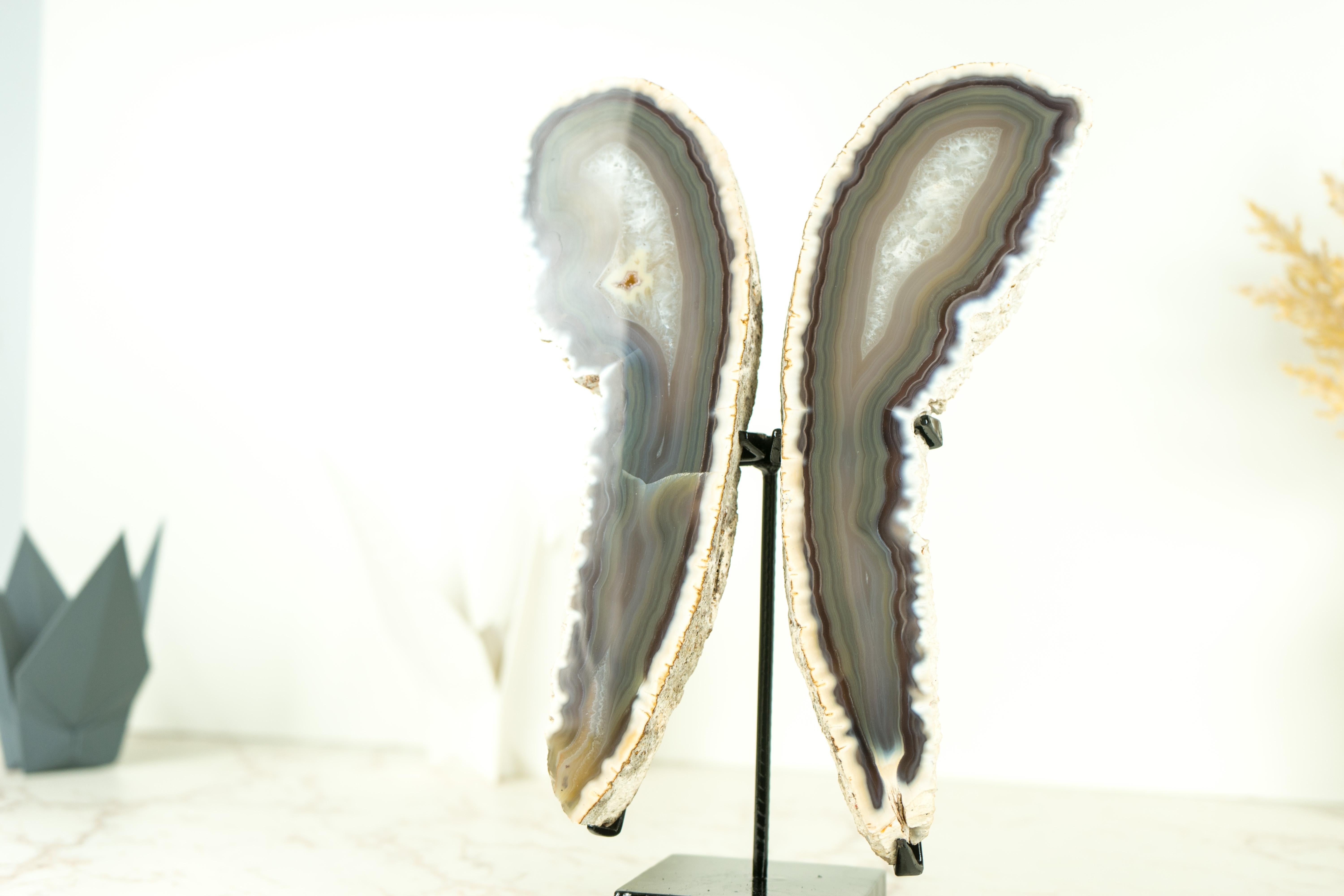 Natural Lace Agate Butterfly on Custom-Made Stand, Handmade Crystal Accent Decor In New Condition For Sale In Ametista Do Sul, BR