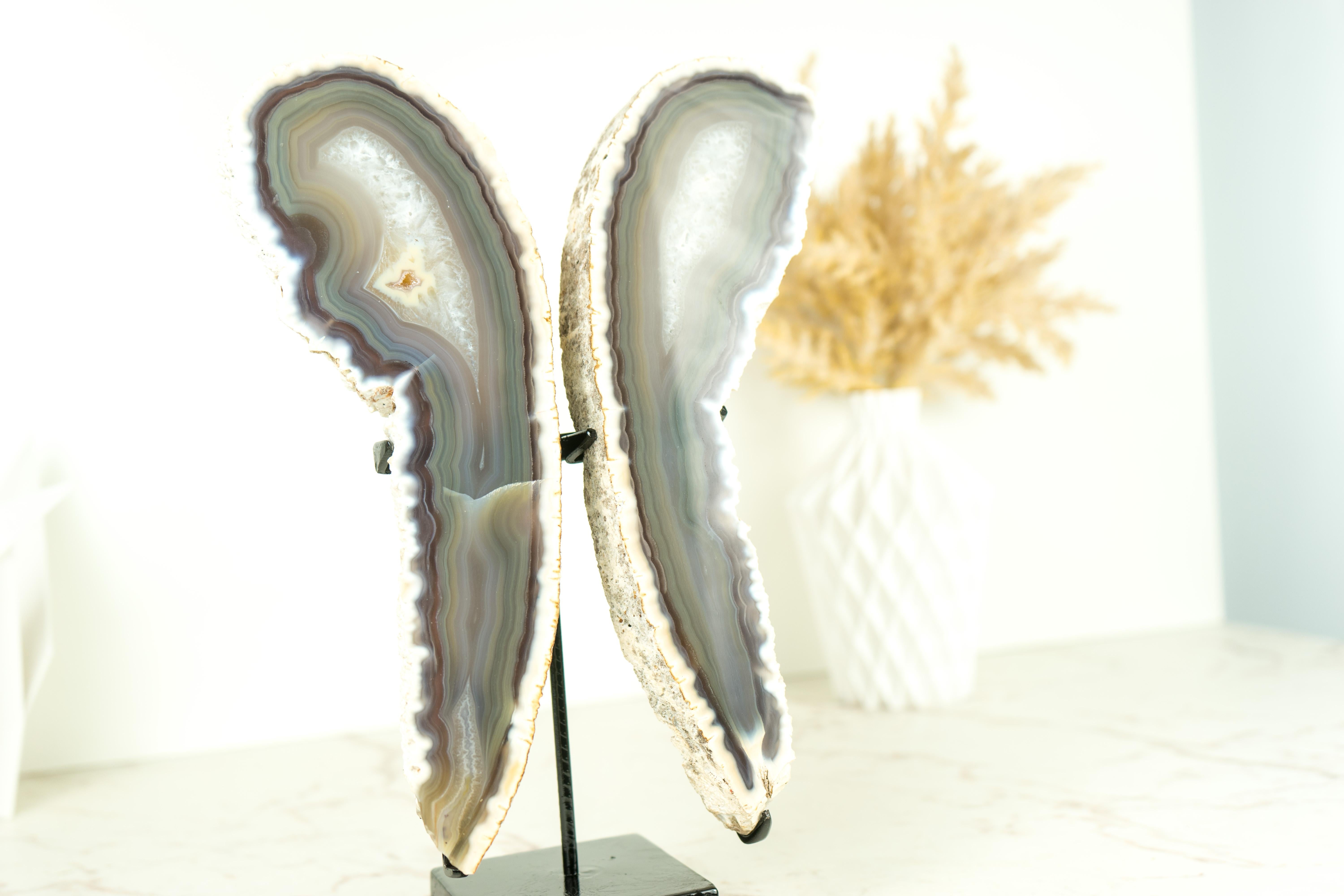 Natural Lace Agate Butterfly on Custom-Made Stand, Handmade Crystal Accent Decor For Sale 4