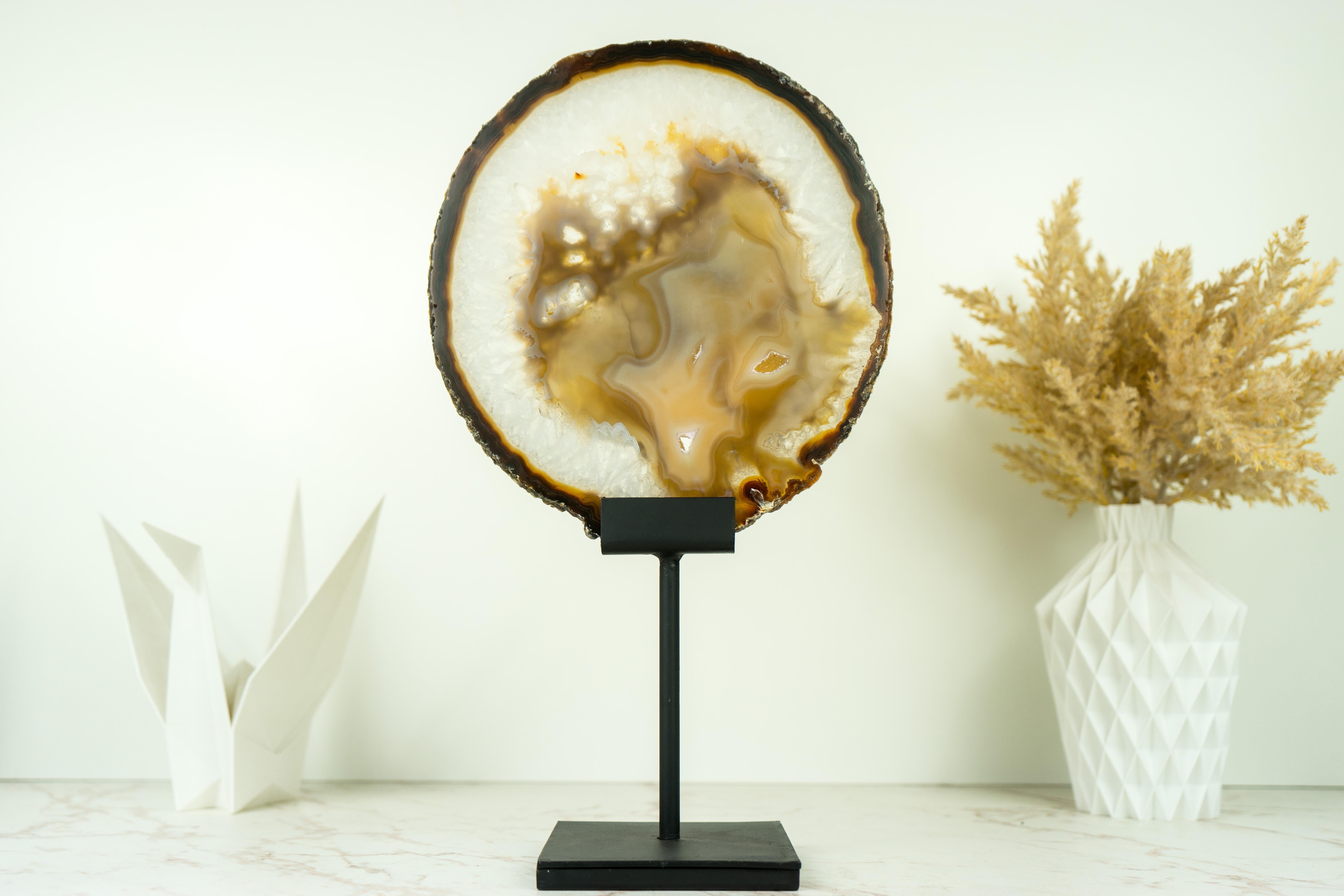 An agate slice to be admired, this agate slice highlights an aesthetic drawing that resembles a Nebula forming inside a Crystal universe. Harmonious, rare, and with many highlights, this agate slice is ready to become both the centerpiece of your