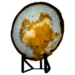 Natural Lace Agate Slice with Nebula Chalcedony Drawings and Clear Crystal