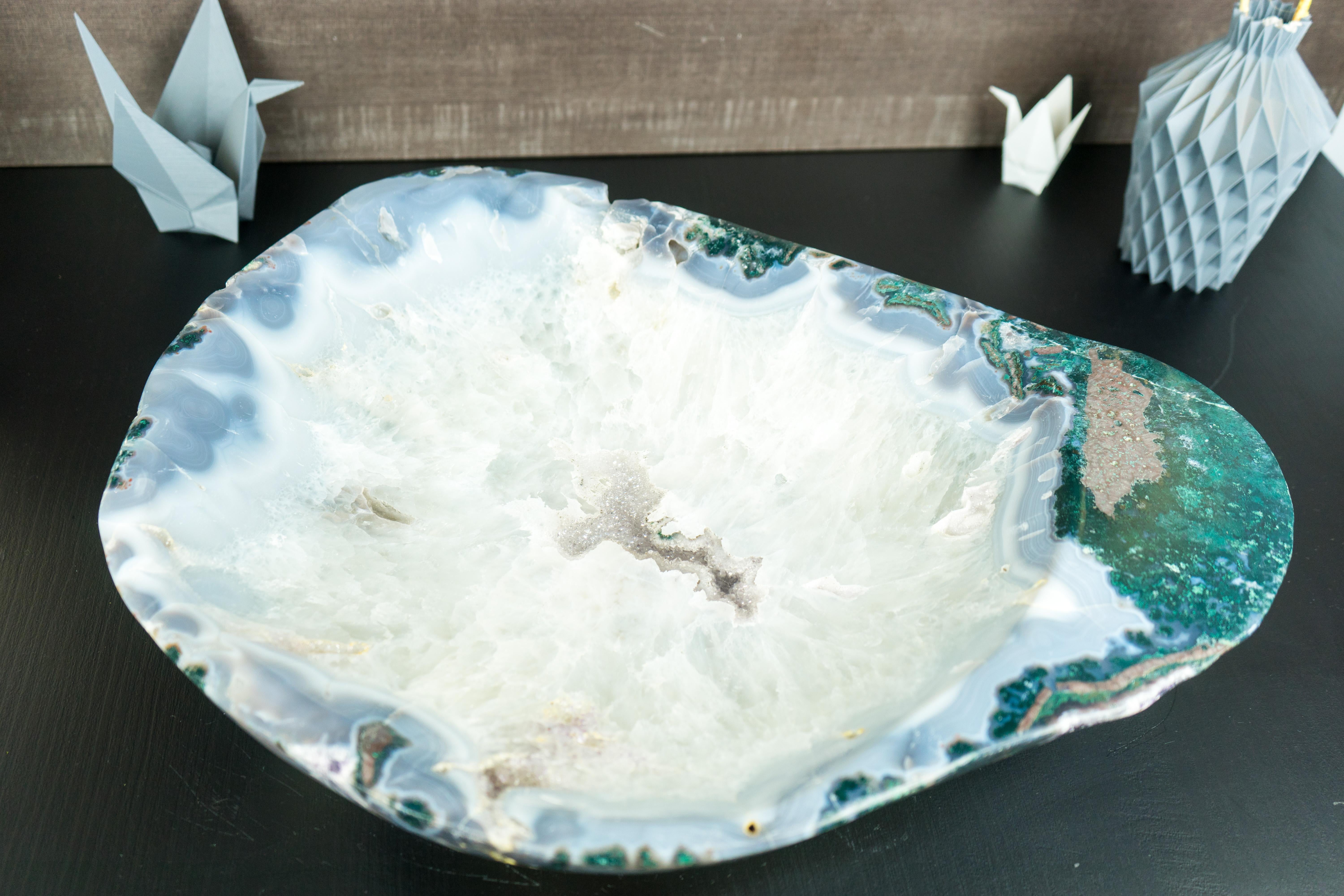 Brazilian Natural Lace Agate with Amethyst and Rock Crystal Large Decorative Bowl For Sale