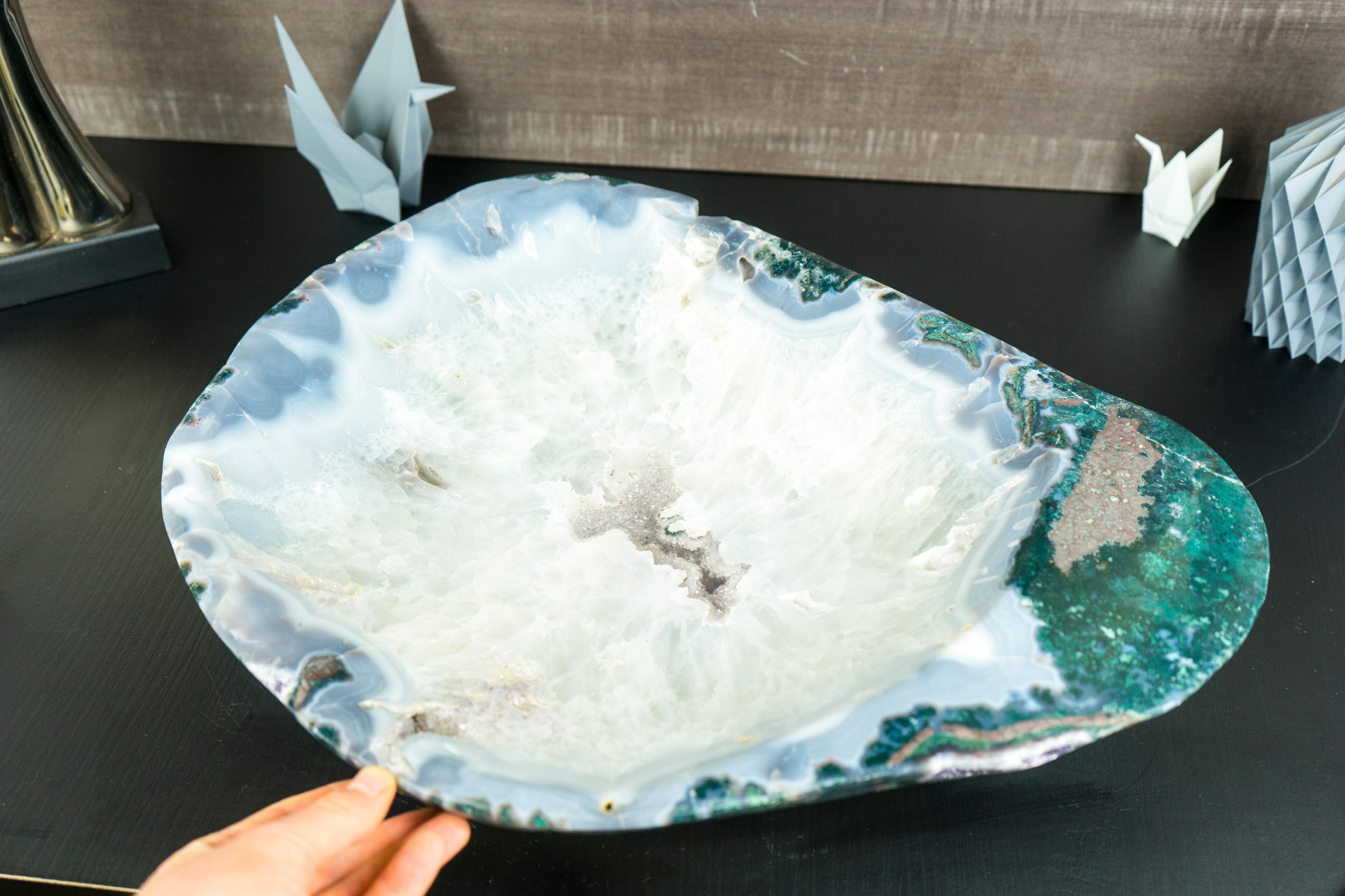 Contemporary Natural Lace Agate with Amethyst and Rock Crystal Large Decorative Bowl For Sale
