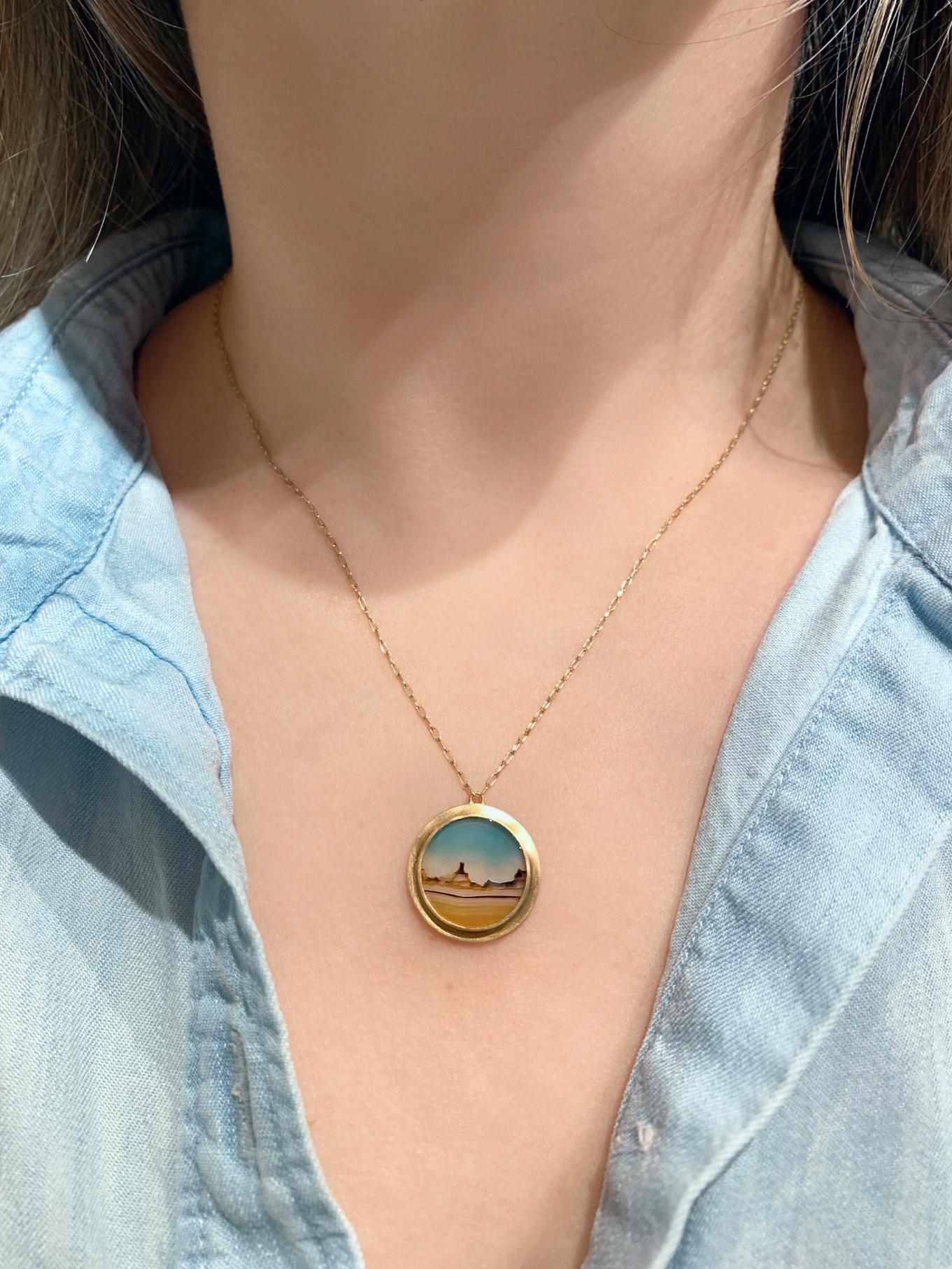 One of a Kind Landscape Agate Necklace hand-fabricated in Japan by jewelry designer Shinobu Marotta of the renowned Talkative Atelier, showcasing a spectacular and picturesque, completely natural round landscape agate bezel-set perfectly in the