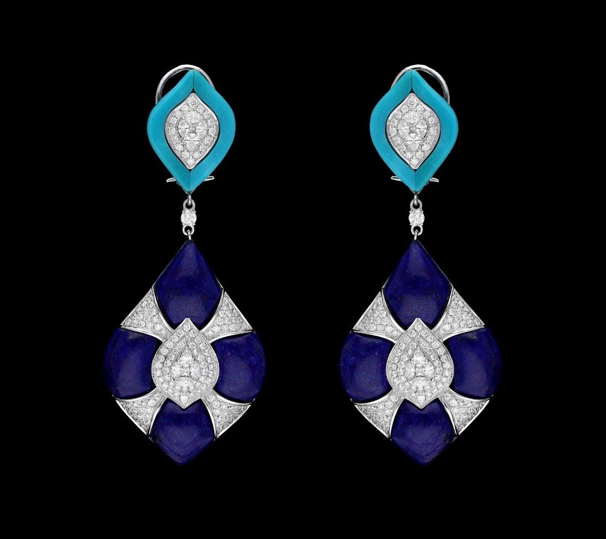Gemstone : Turquoise, Lapis

❋ Gemstone Weight : 4.60 , 32.20 Carat 

❋ Gemstone Size : Mix  

❋ Gemstone Shape : Fancy Cut 

❋ Gemstone Type : Natural


❋ Diamond Weight : 0.18 Cts. Approx.

❋ Diamond Shape : Round Cut

❋ Diamond Color & Quality :
