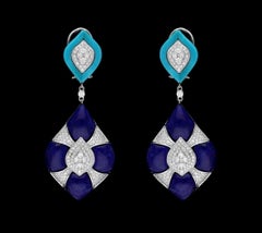 Natural lapidary turquoise & lapis & diamond earring in 18k gold