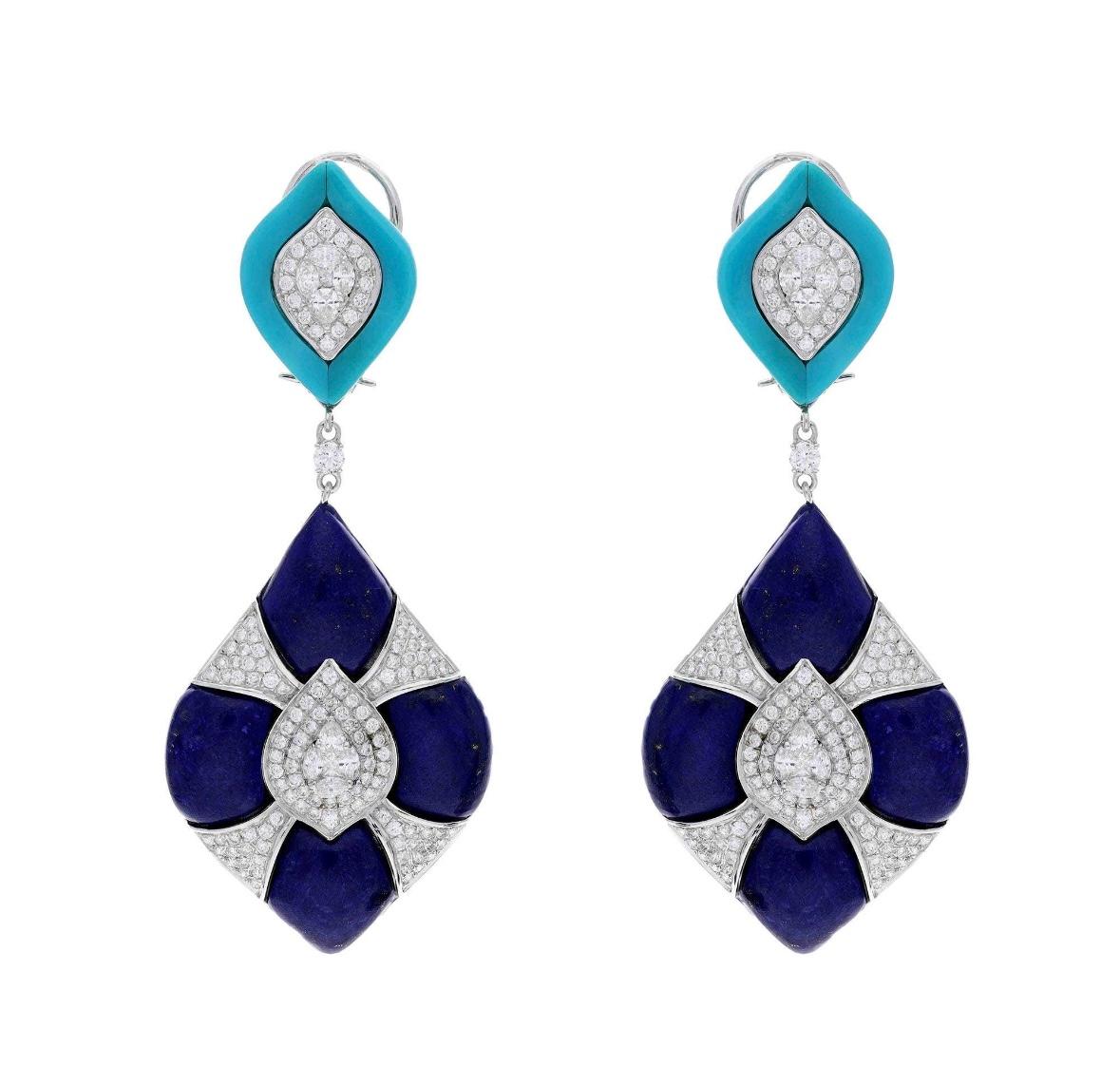 Mixed Cut Natural lapidary turquoise & lapis & diamond earring in 18k gold