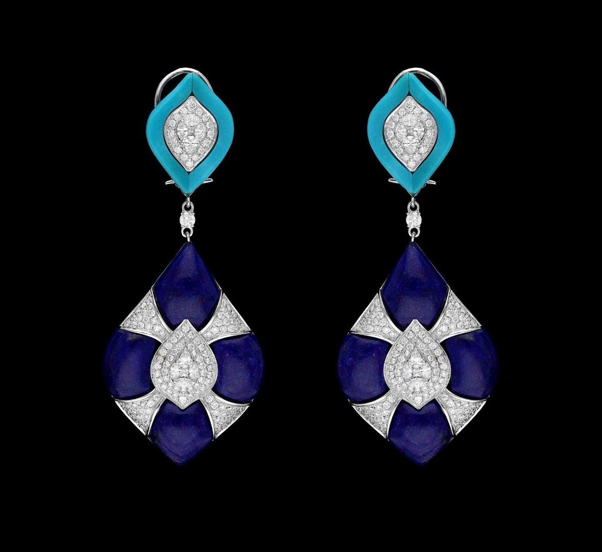 Women's Natural lapidary turquoise & lapis & diamond earring in 18k gold