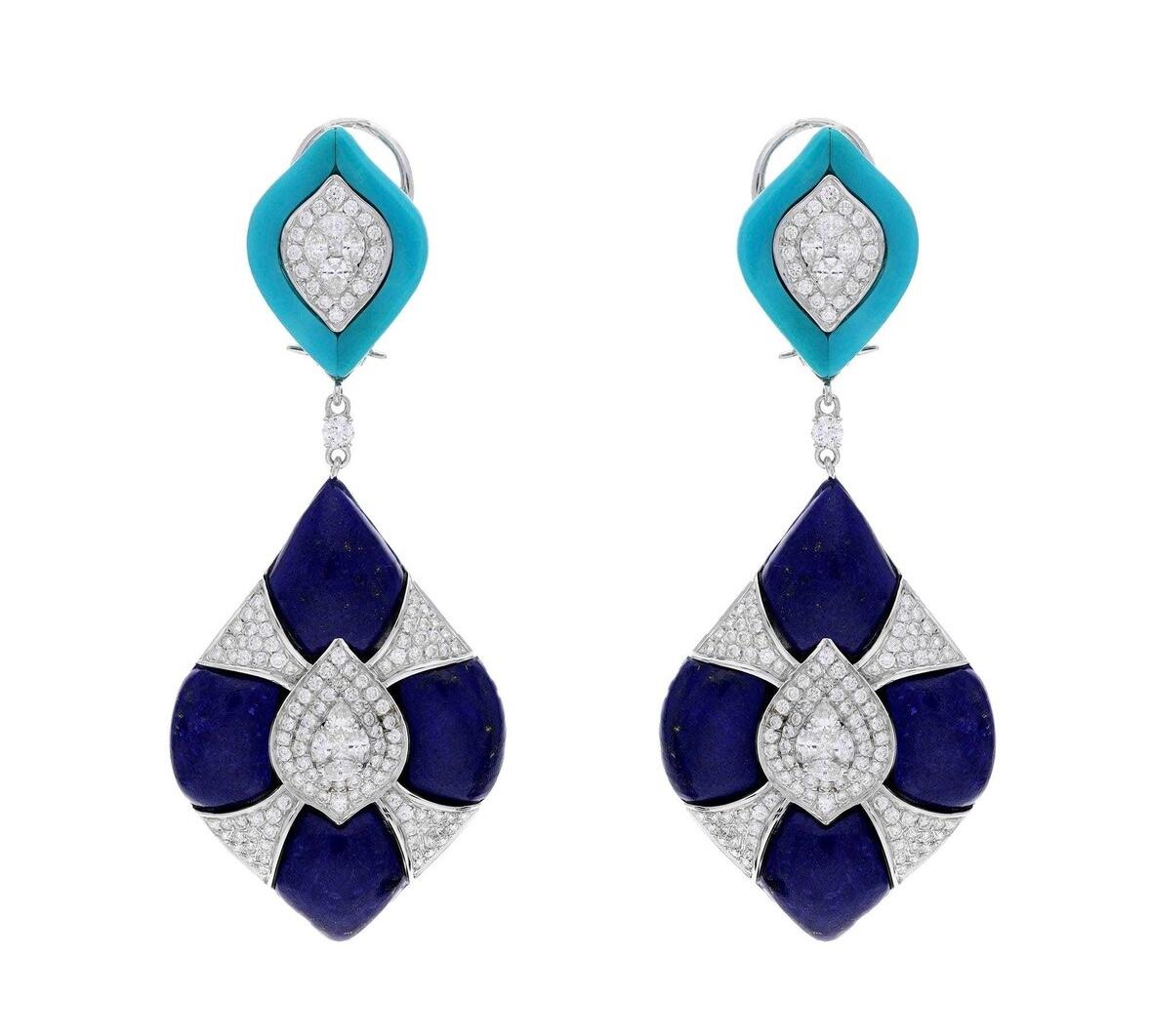 Natural lapidary turquoise & lapis & diamond earring in 18k gold 1