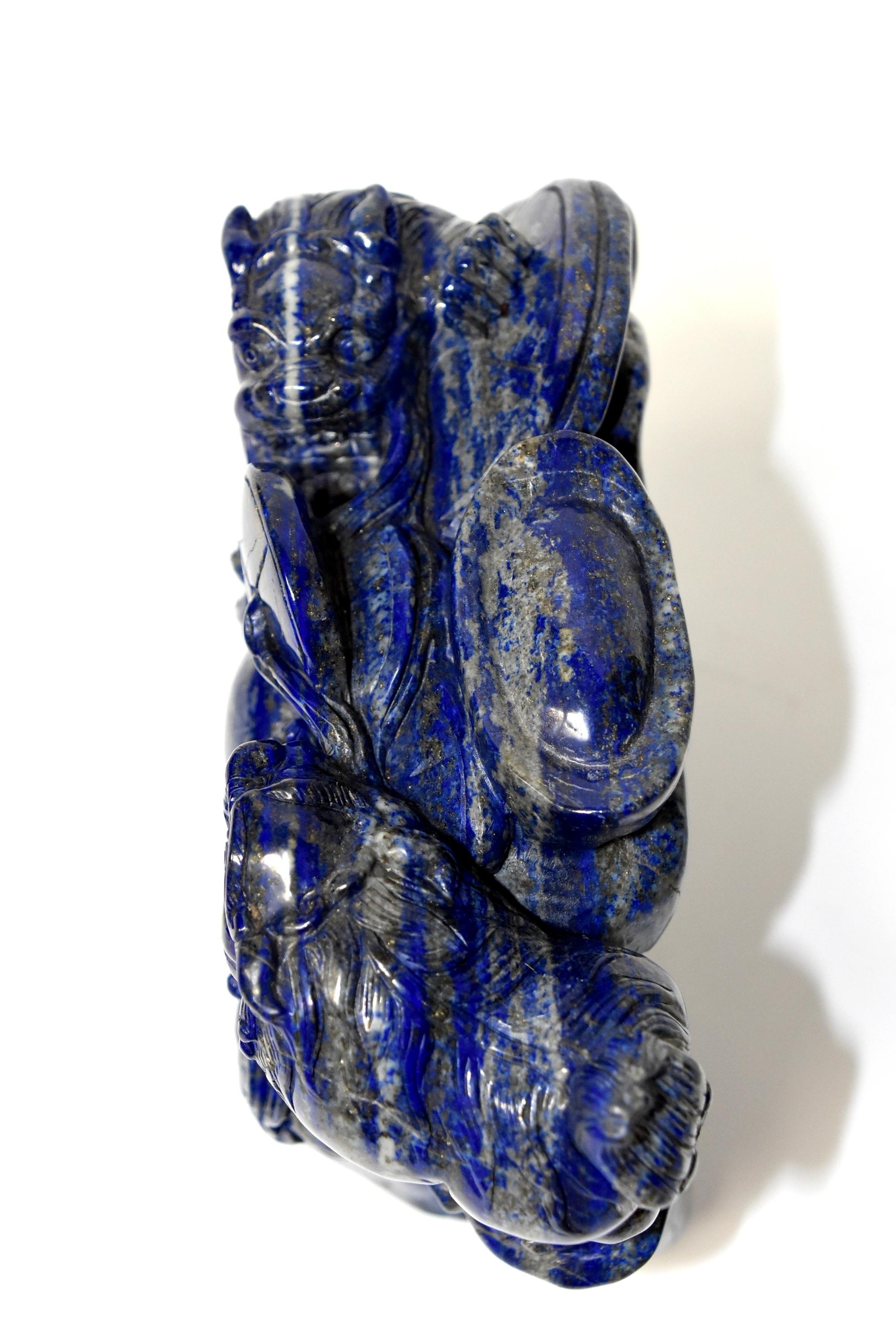 Natural Lapis Lazuli 8 lb Block with Carved Lions 8