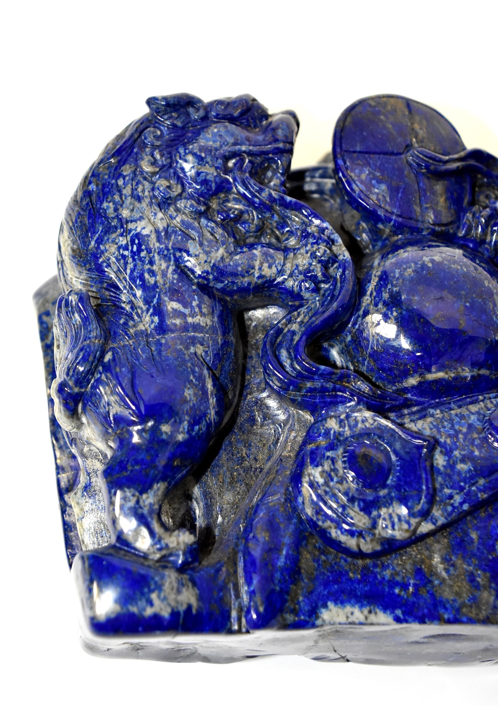 Natural Lapis Lazuli 8 lb Block with Carved Lions 9
