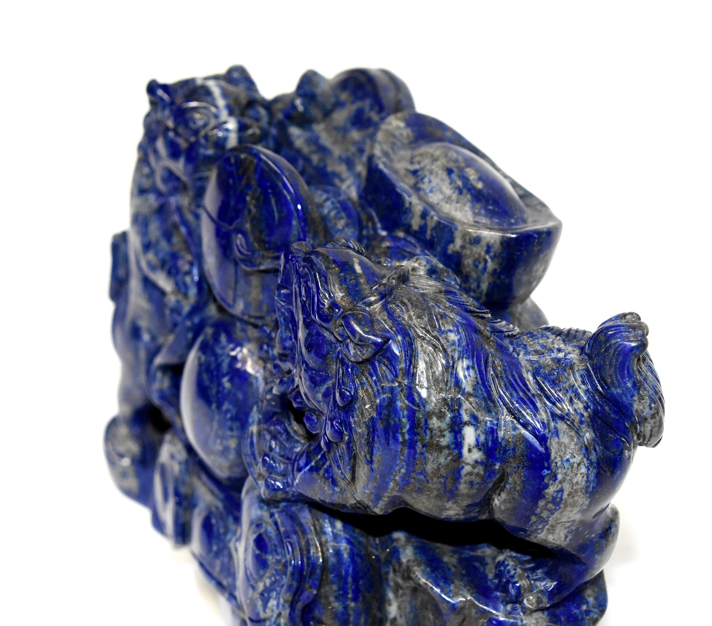 Natural Lapis Lazuli 8 lb Block with Carved Lions 10