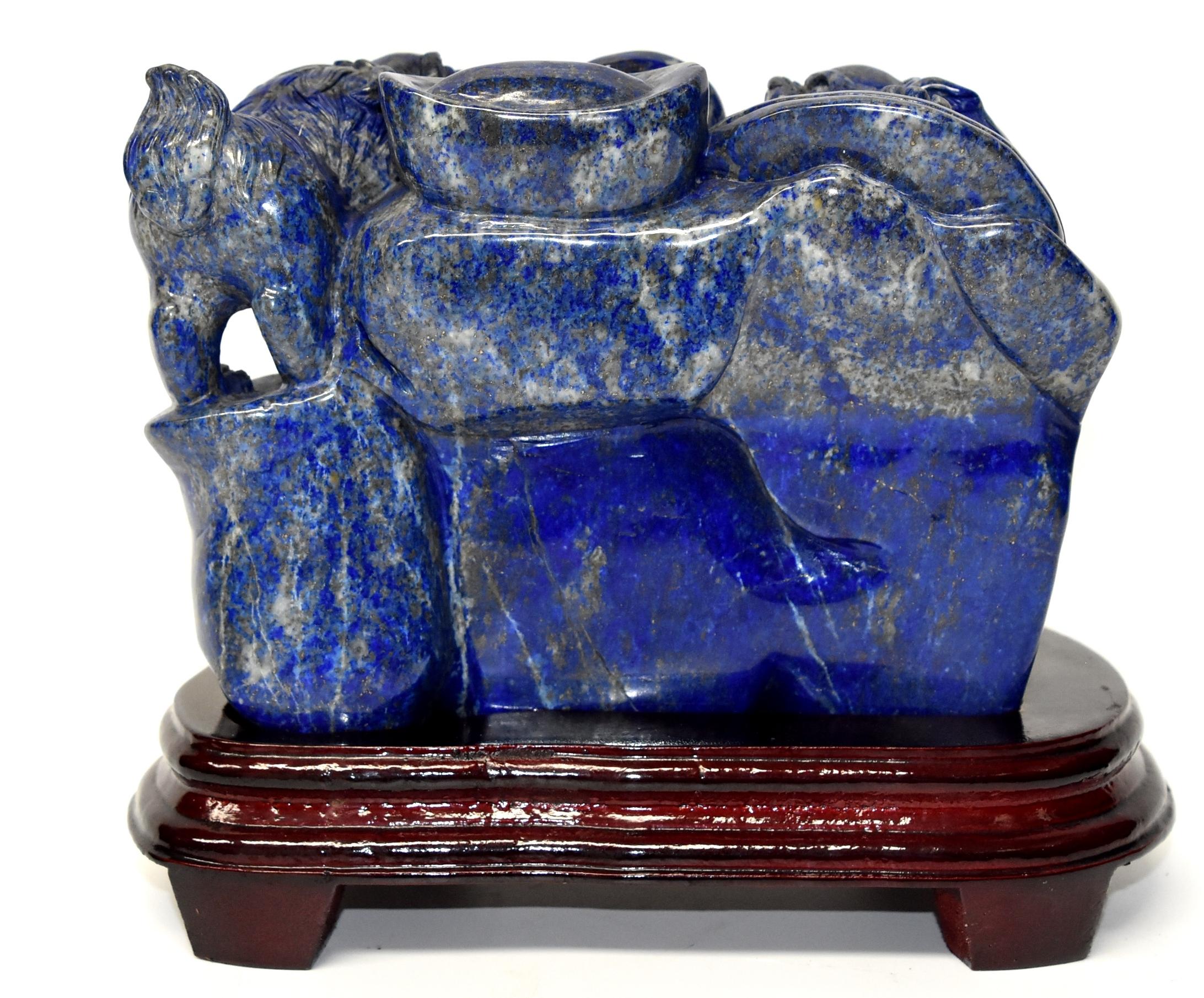 Natural Lapis Lazuli 8 lb Block with Carved Lions 13