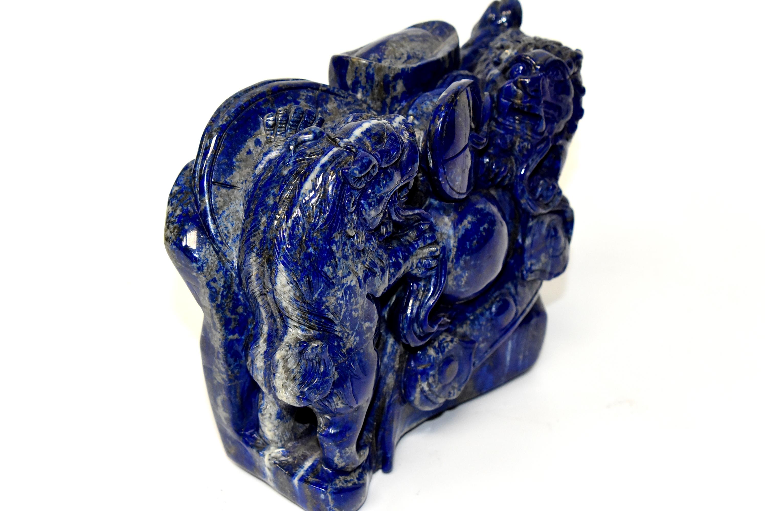 Hand-Carved Natural Lapis Lazuli 8 lb Block with Carved Lions