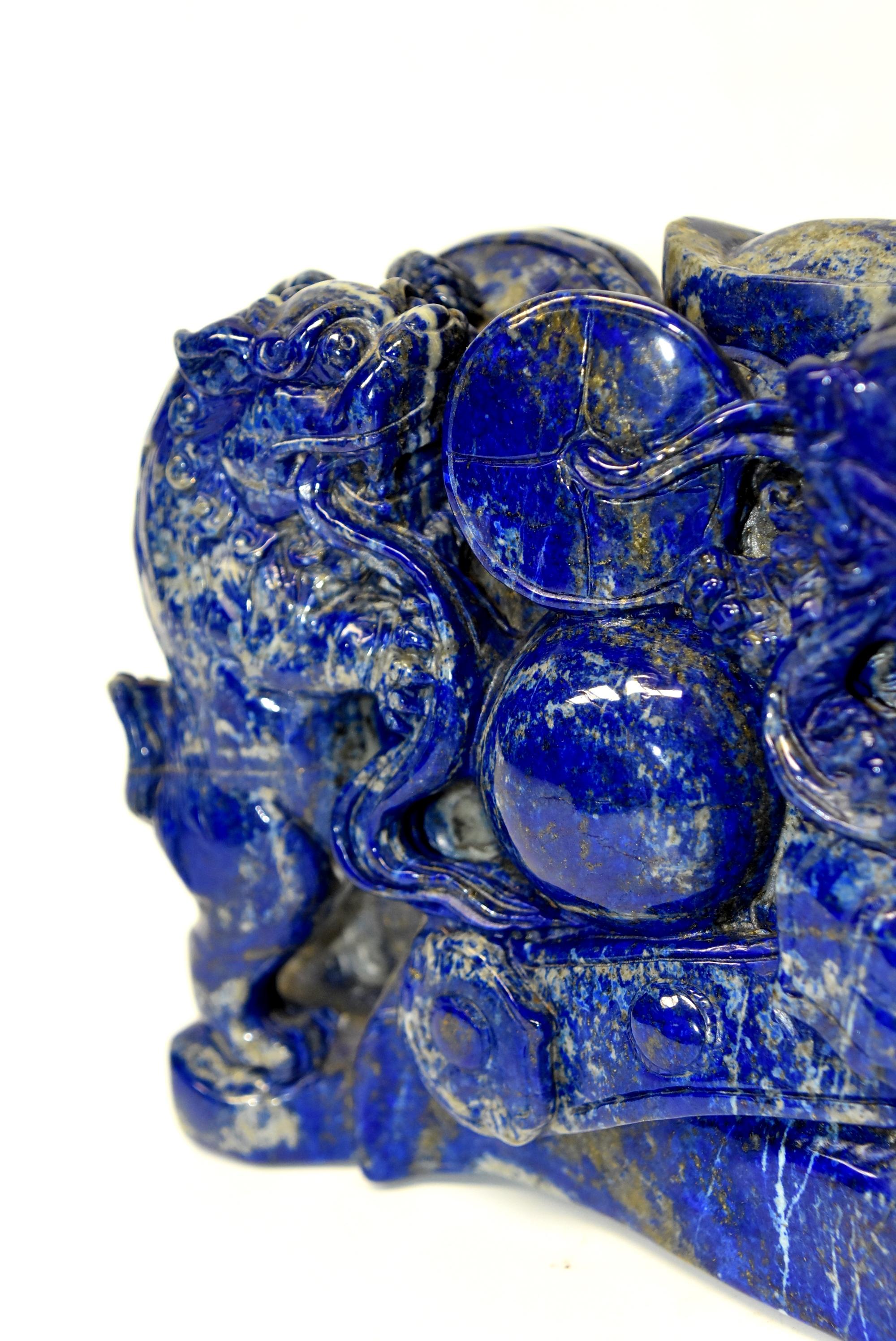 Contemporary Natural Lapis Lazuli 8 lb Block with Carved Lions