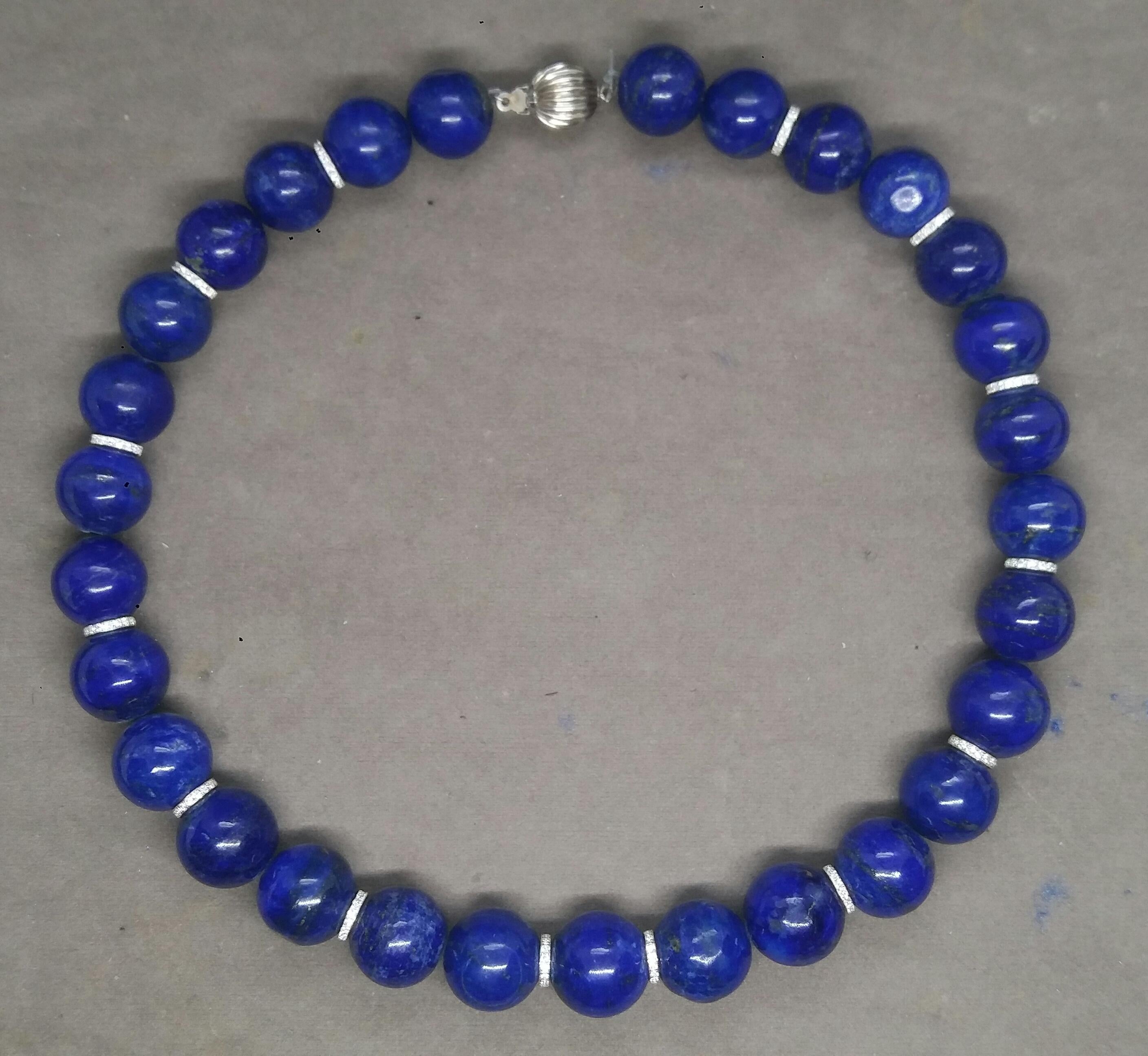 Art Deco Natural Lapis Lazuli Beads Necklace 14 K White Gold Diamonds Spacers And Clasp For Sale
